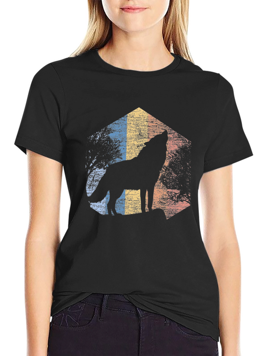 Wolf Howl Retro Graphic Tee - Black Cotton Blend