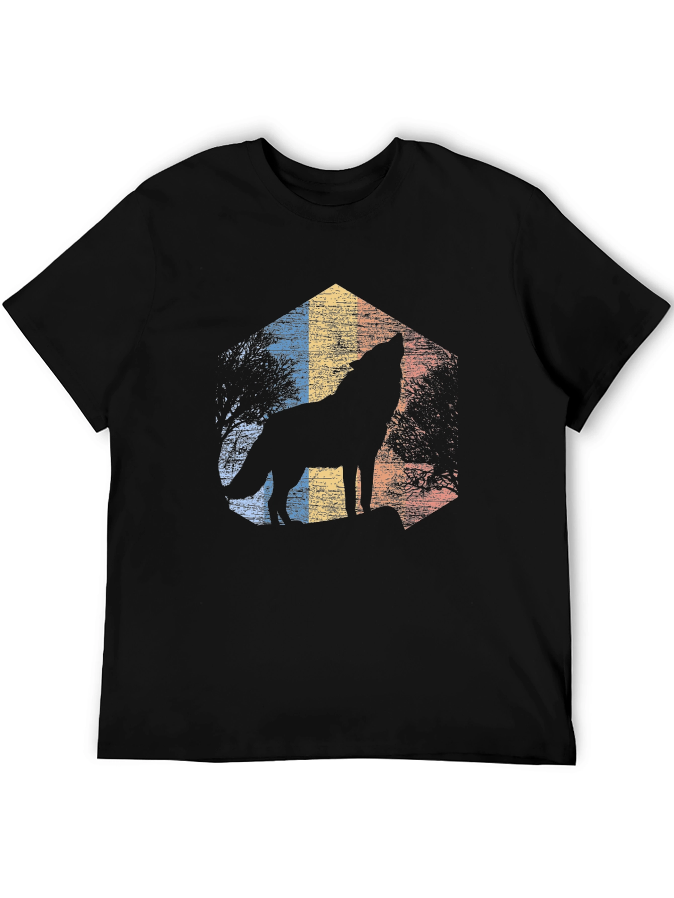 Wolf Howl Retro Graphic Tee - Black Cotton Blend
