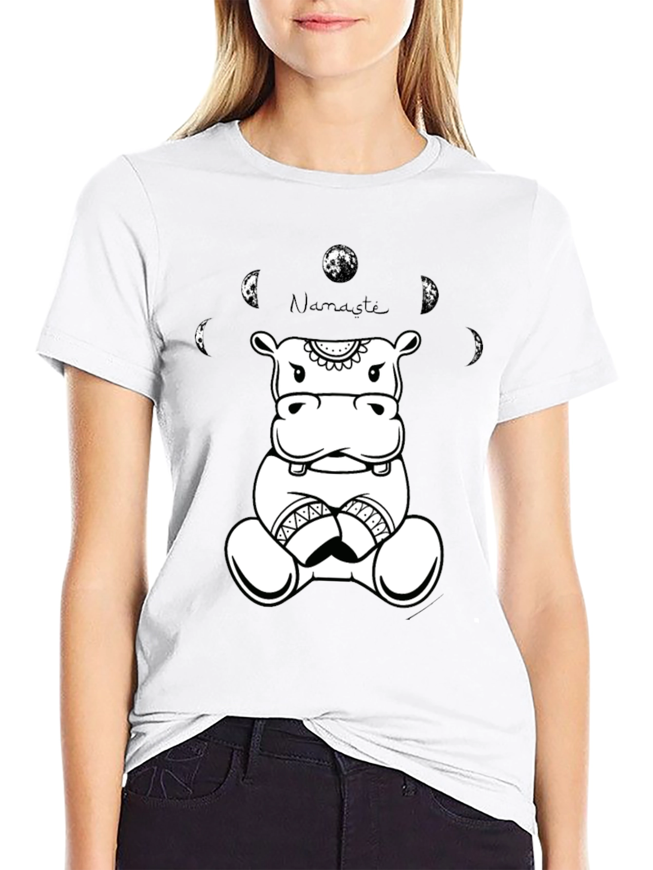 Namaste Hippo Graphic Tee - Black Cotton T-Shirt