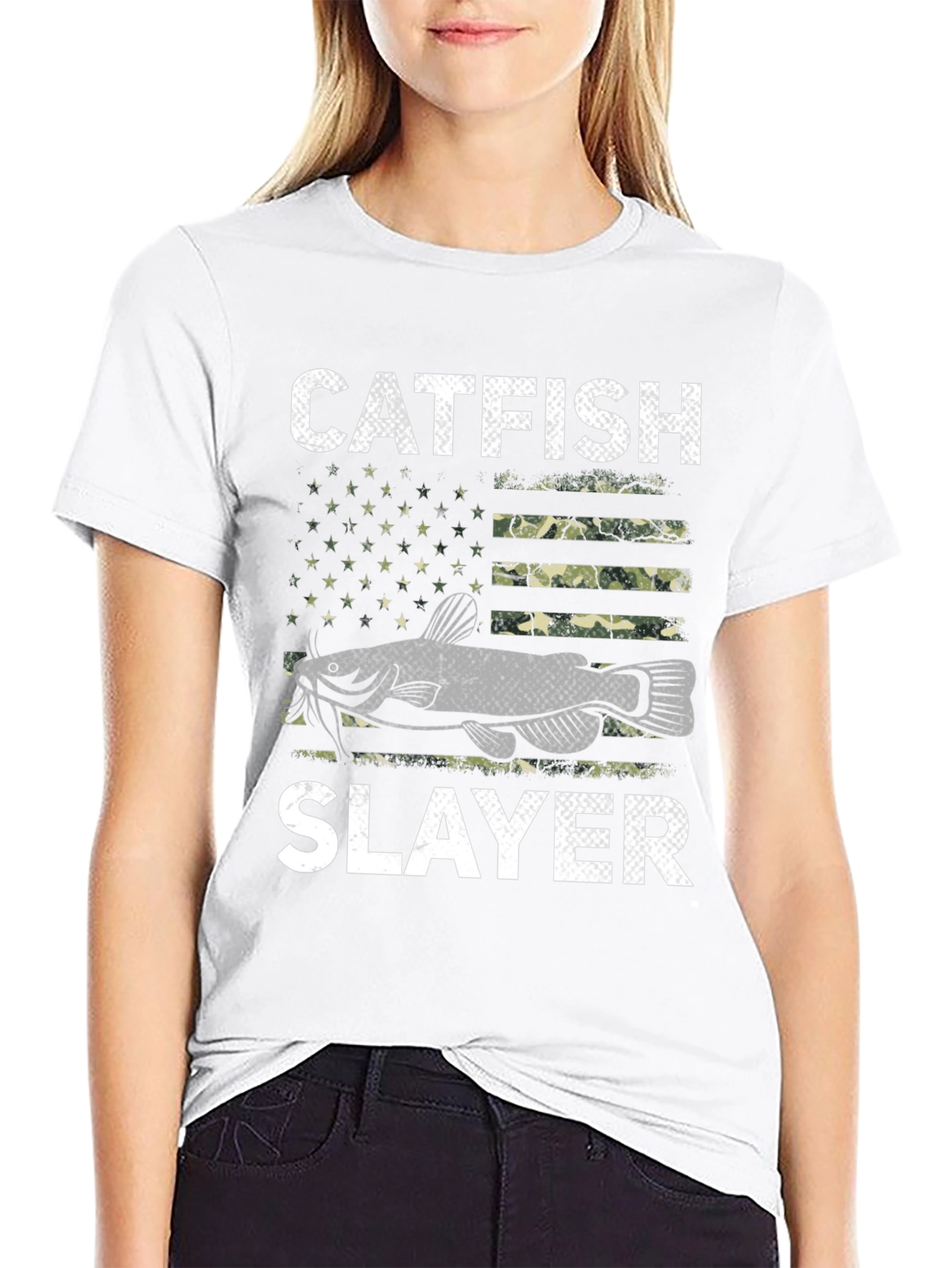 Catfish Slayer Graphic Tee - Camo Flag Design