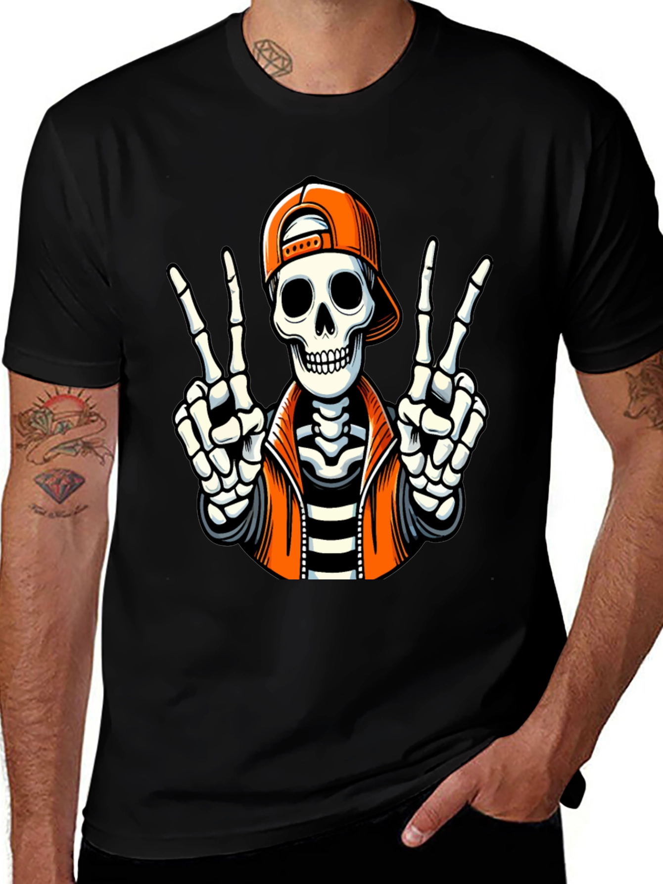 Skeleton Peace Sign Graphic T-Shirt