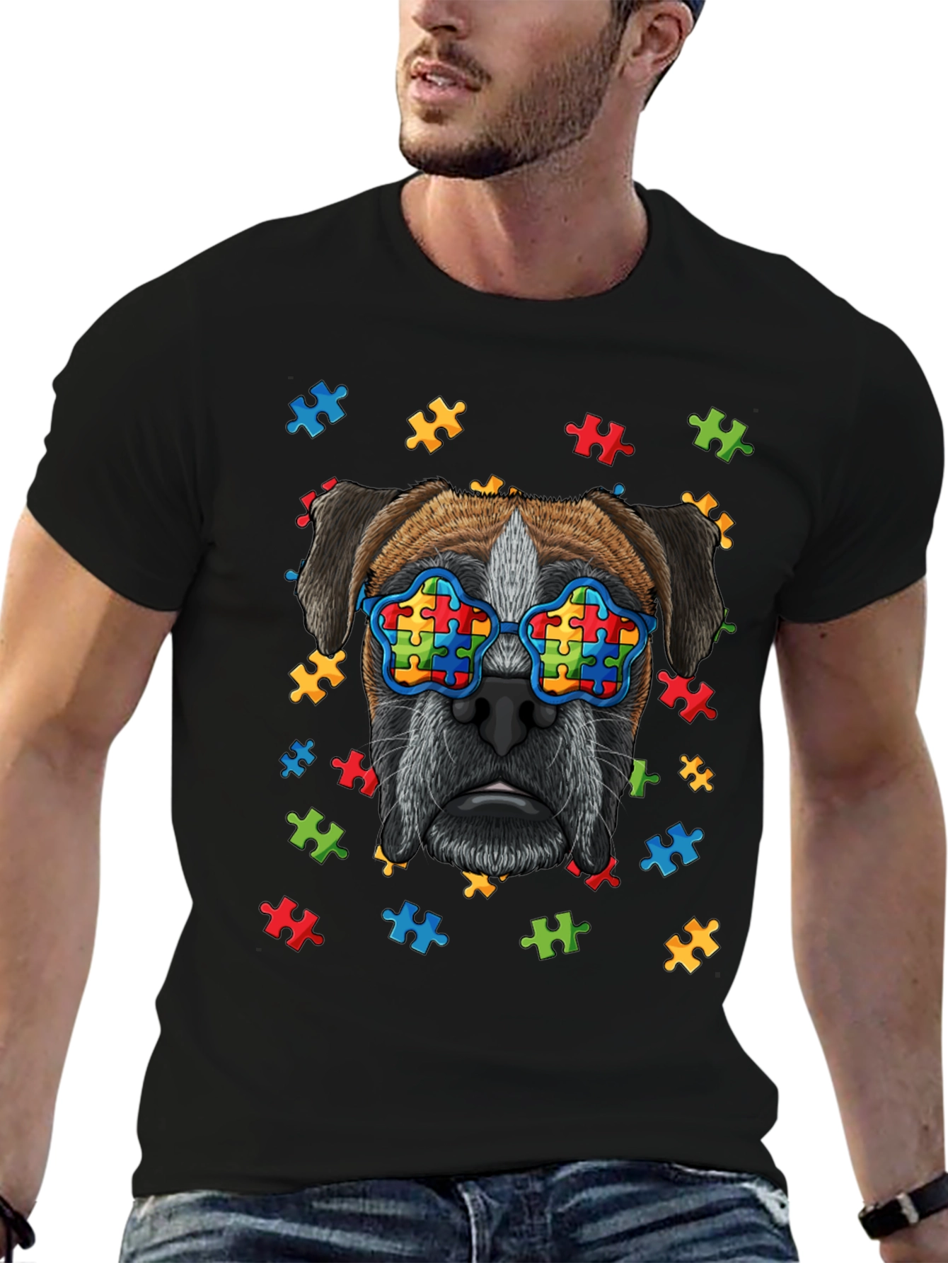 Dog with Autism Awareness Puzzle Glasses T-Shirt