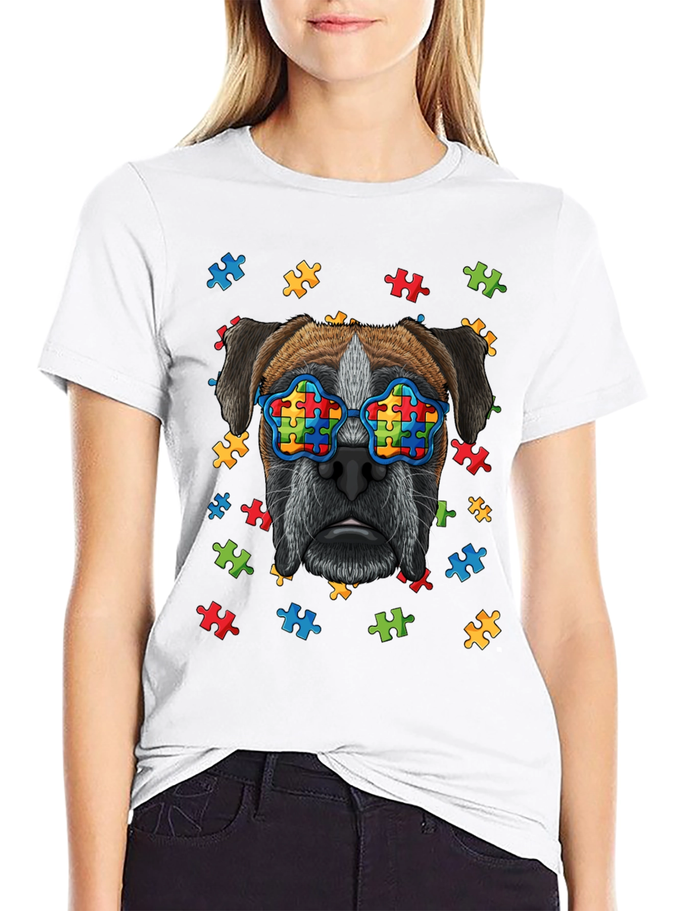 Dog with Autism Awareness Puzzle Glasses T-Shirt