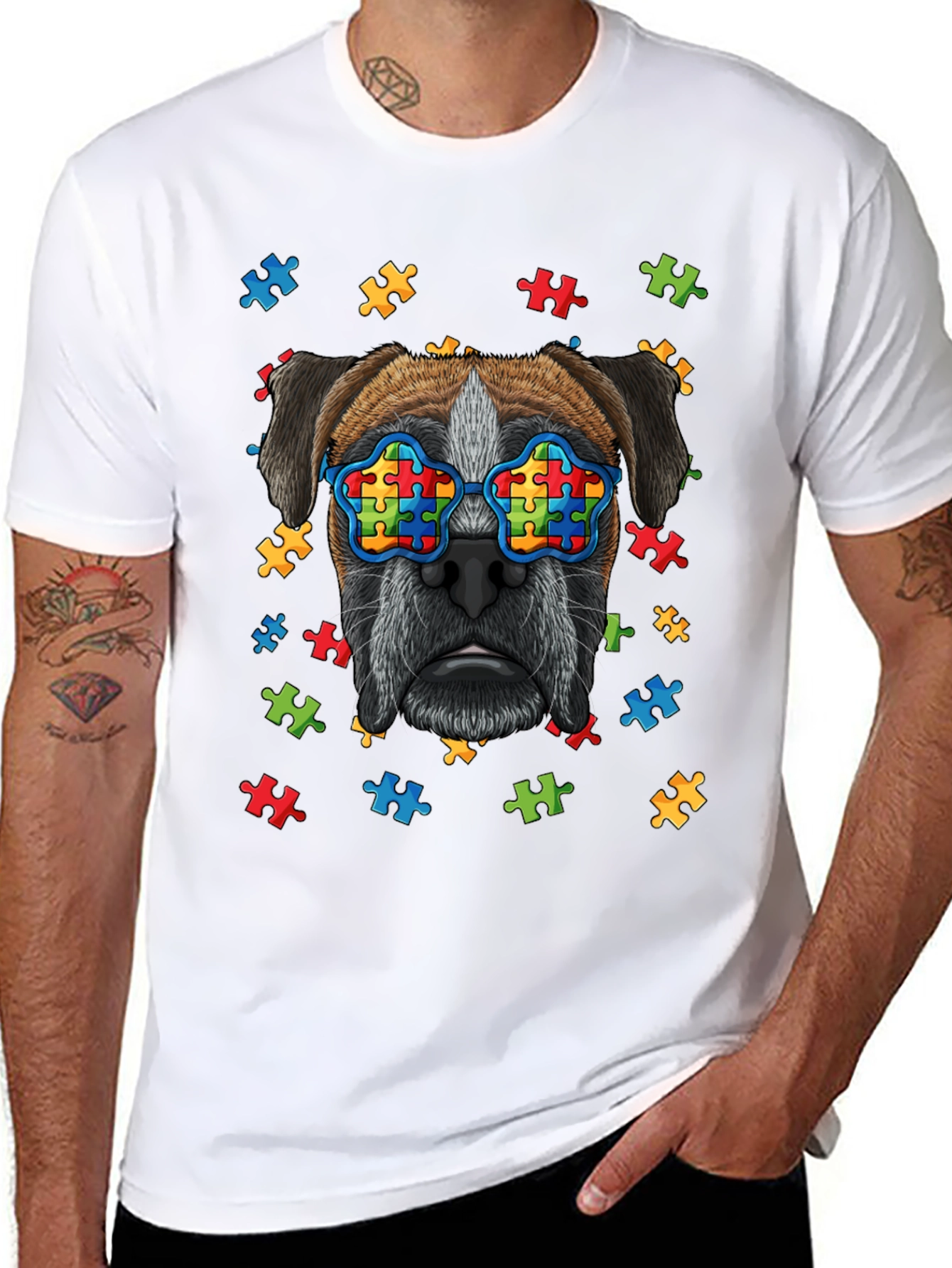 Dog with Autism Awareness Puzzle Glasses T-Shirt