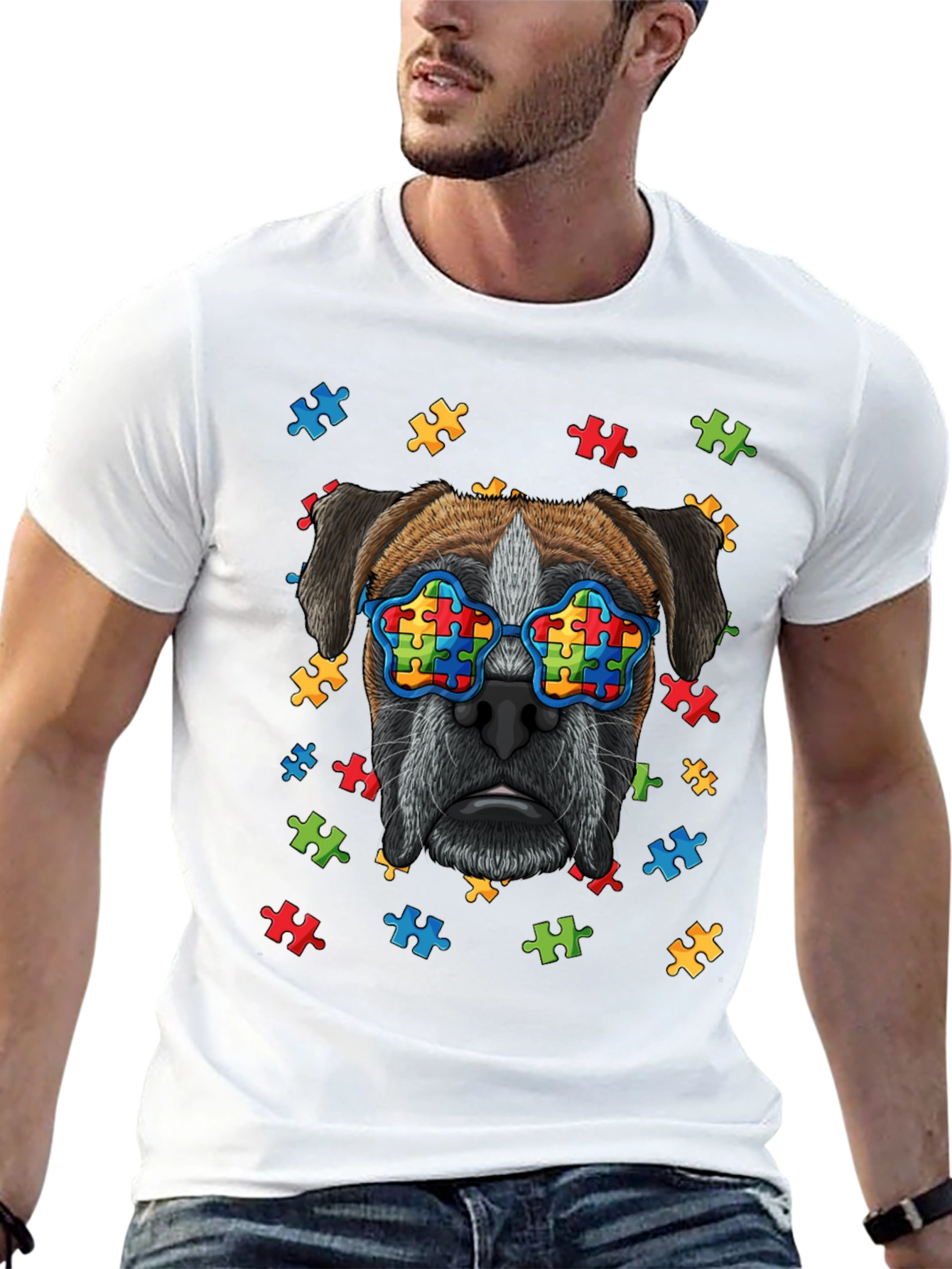 Dog with Autism Awareness Puzzle Glasses T-Shirt