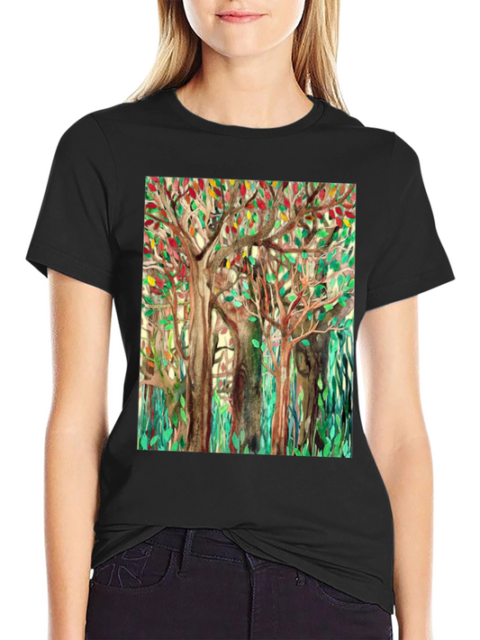 Watercolor Forest Print Black T-Shirt