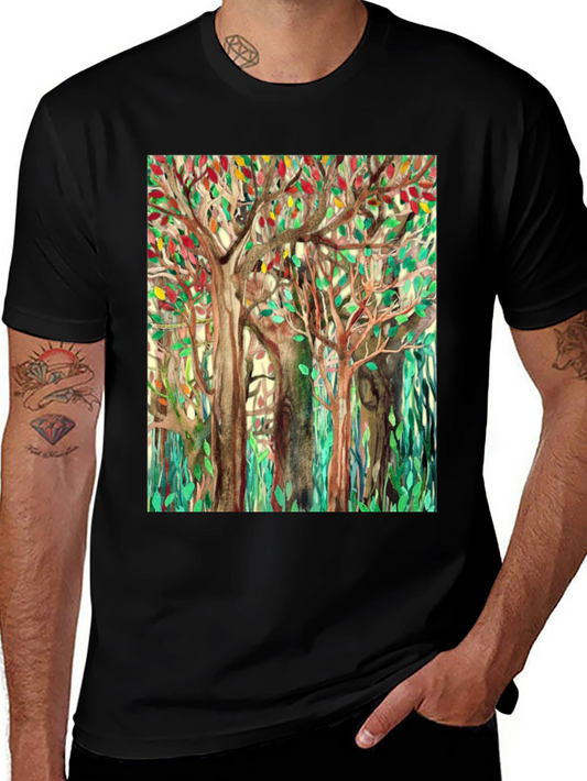 Watercolor Forest Print Black T-Shirt