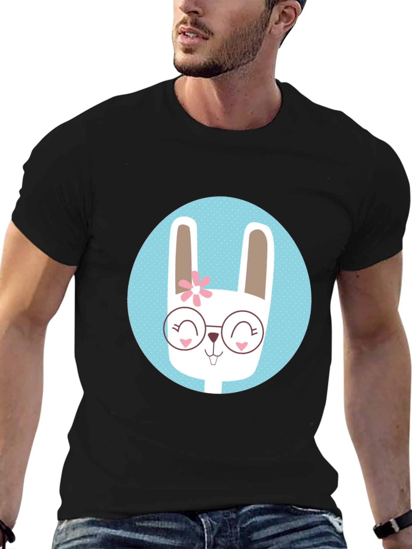 Cute Bunny T-Shirt - Round Glasses & Flower