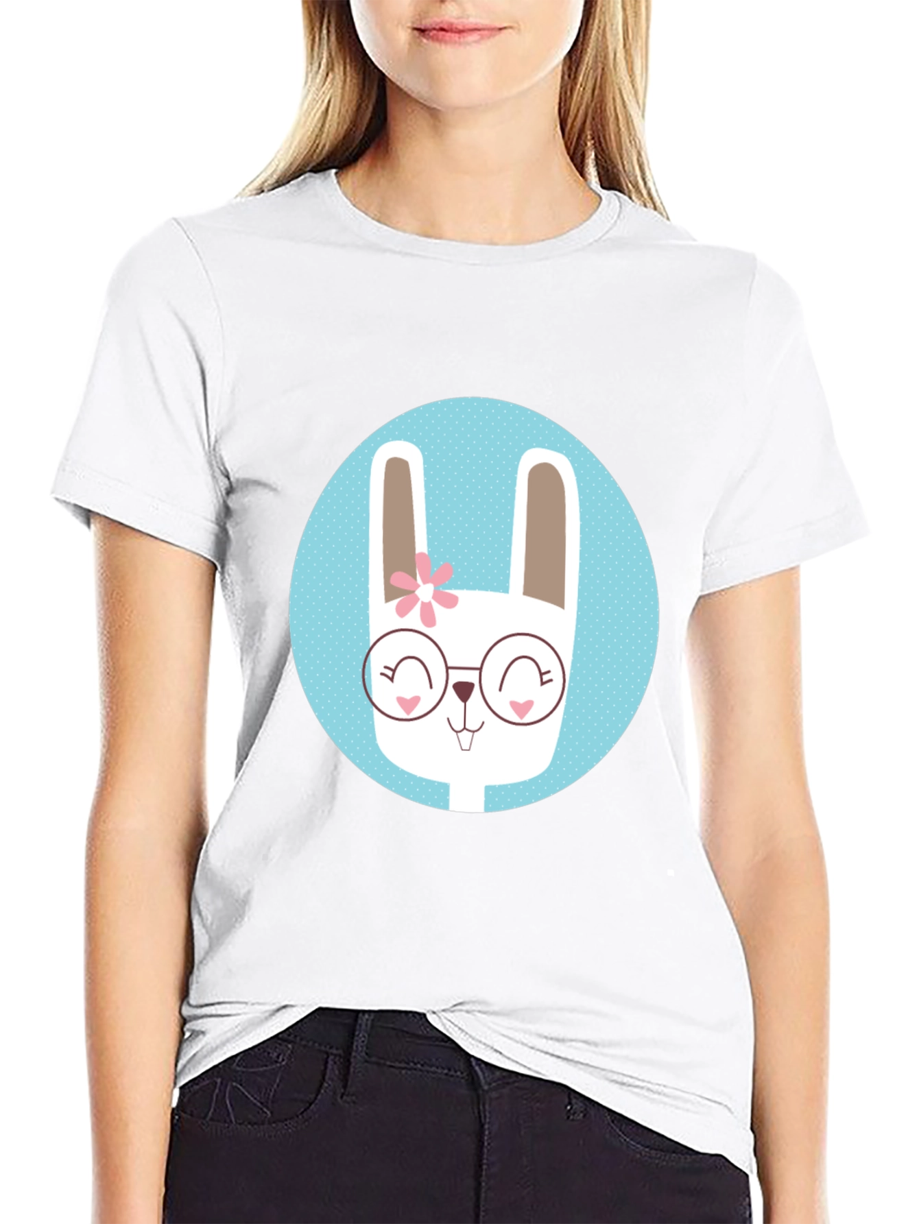 Cute Bunny T-Shirt - Round Glasses & Flower