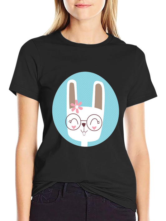 Cute Bunny T-Shirt - Round Glasses & Flower