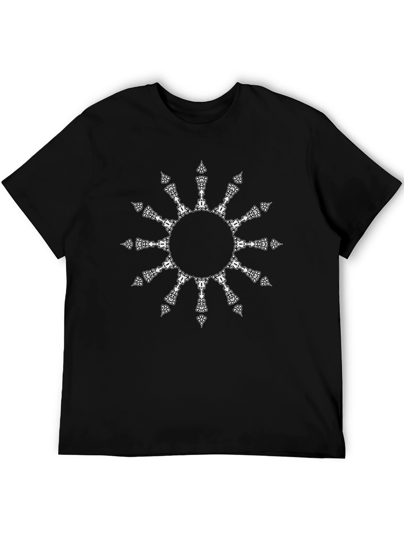 Black T-Shirt with White Ornamental Sun Design