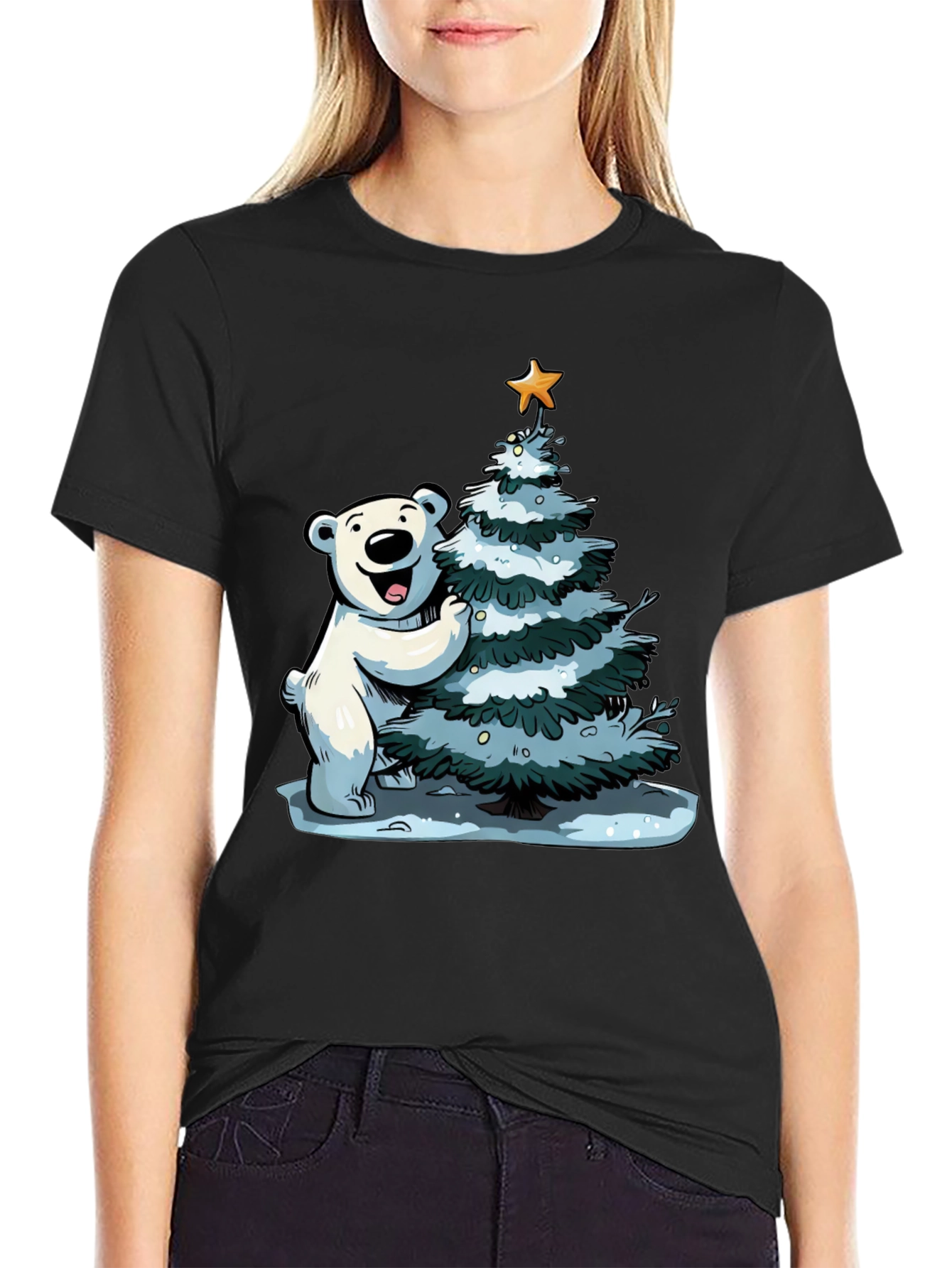 Festive Bear Christmas Tree Black T-Shirt