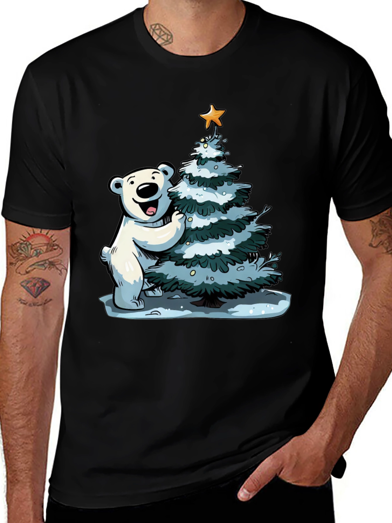Festive Bear Christmas Tree Black T-Shirt