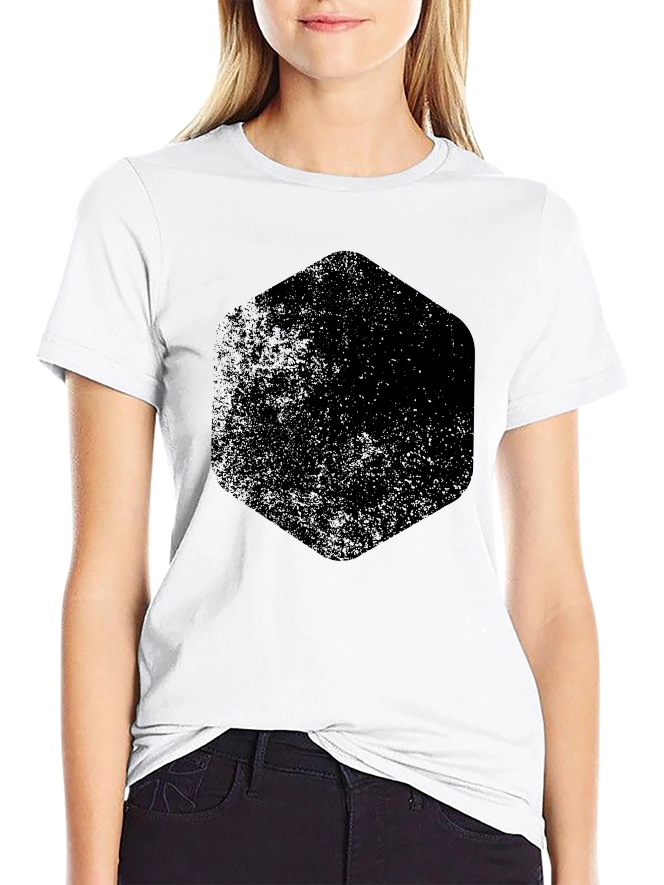 Mens Black Graphic Tee - Distressed Hexagon Design