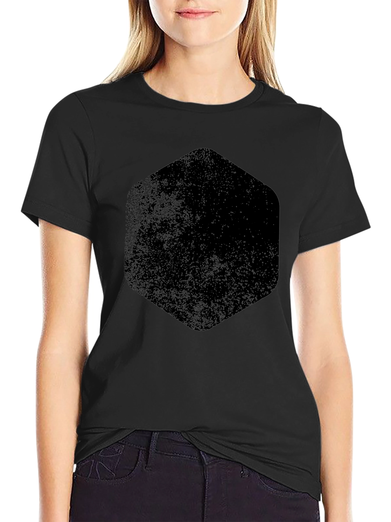 Mens Black Graphic Tee - Distressed Hexagon Design