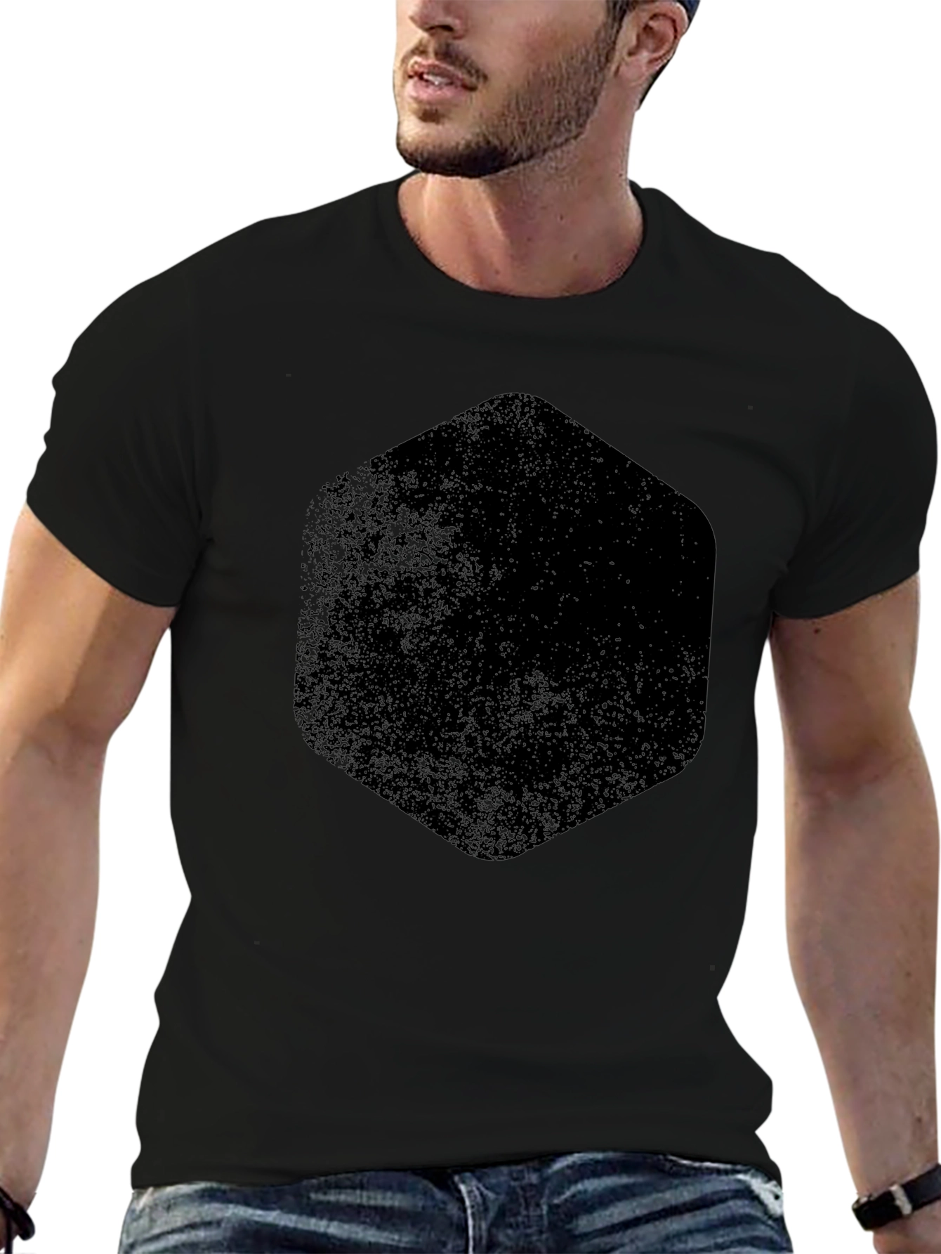Mens Black Graphic Tee - Distressed Hexagon Design