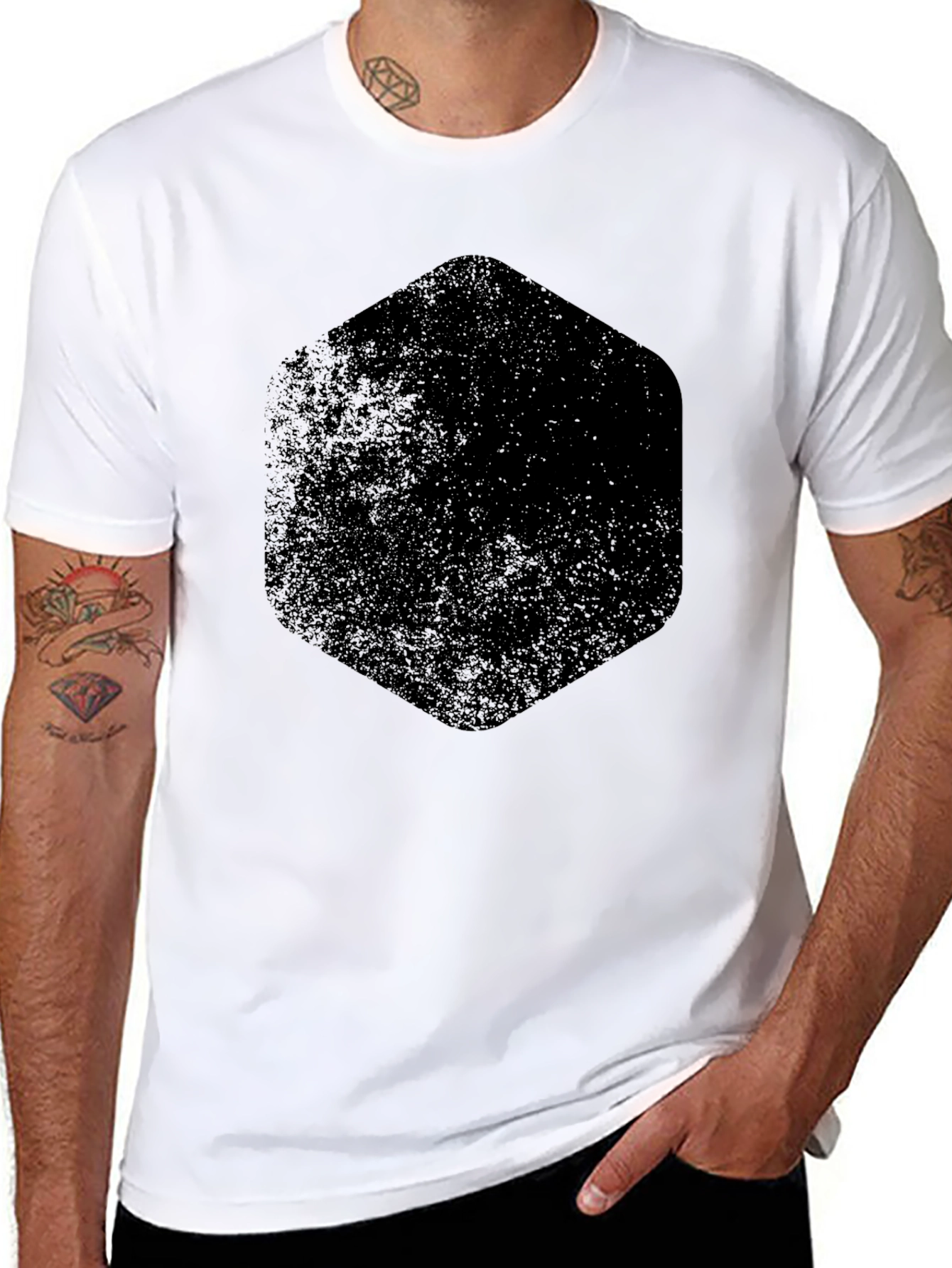 Mens Black Graphic Tee - Distressed Hexagon Design