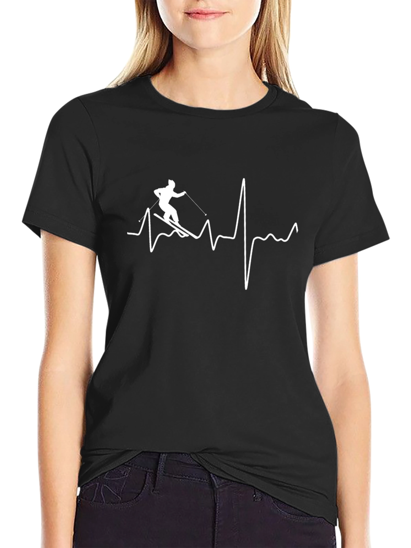Skiing Heartbeat T-Shirt - Black