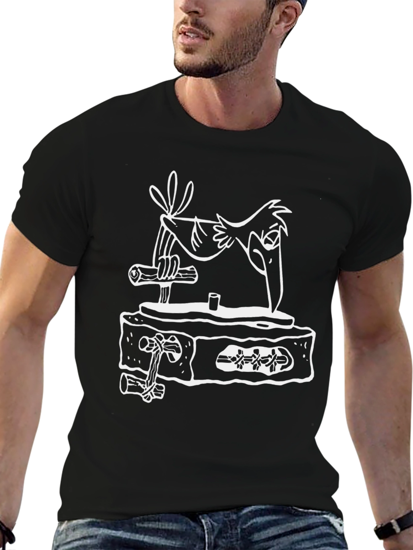 Cartoon Bird T-Shirt - Black Cotton Tee
