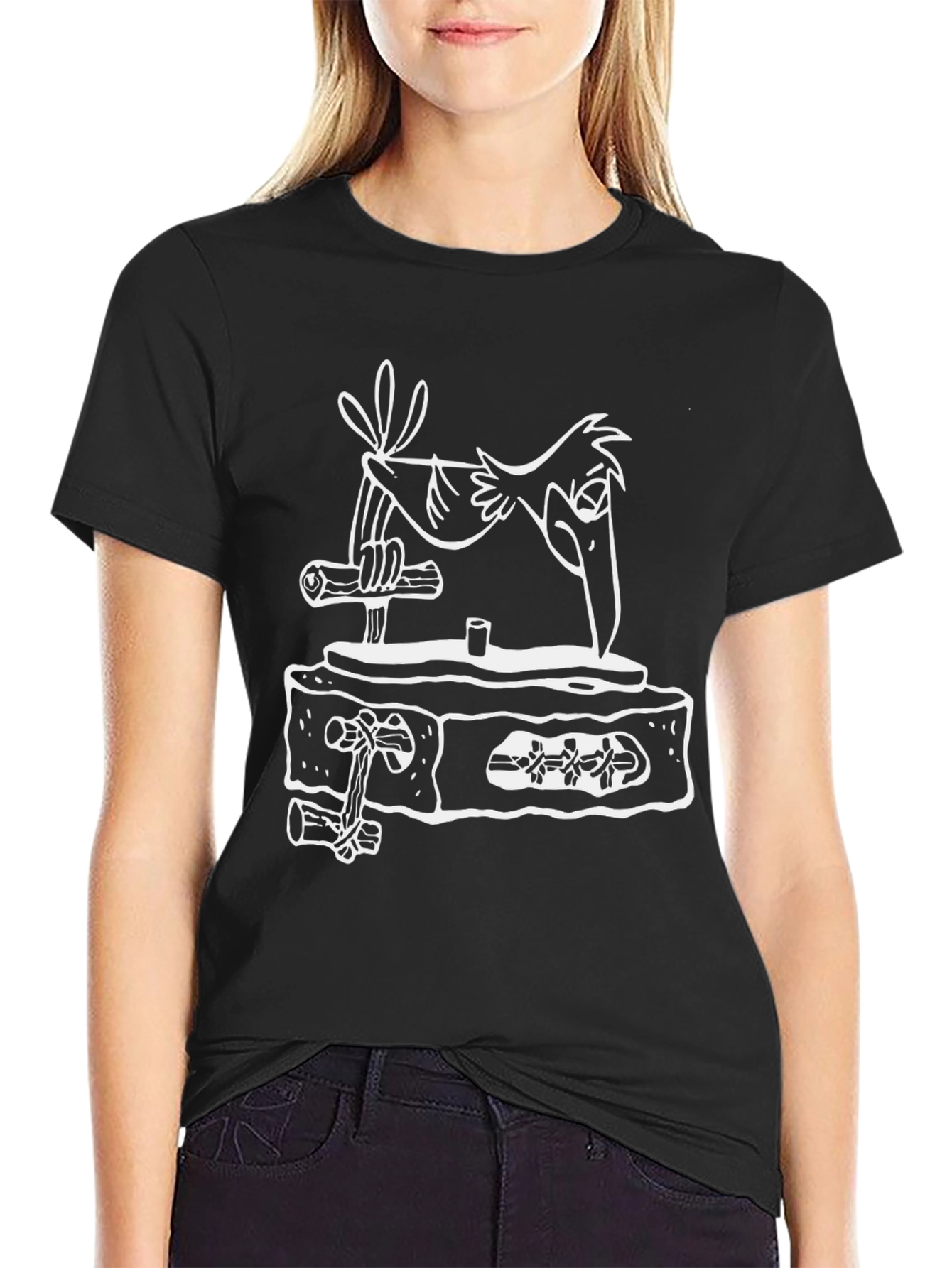 Cartoon Bird T-Shirt - Black Cotton Tee