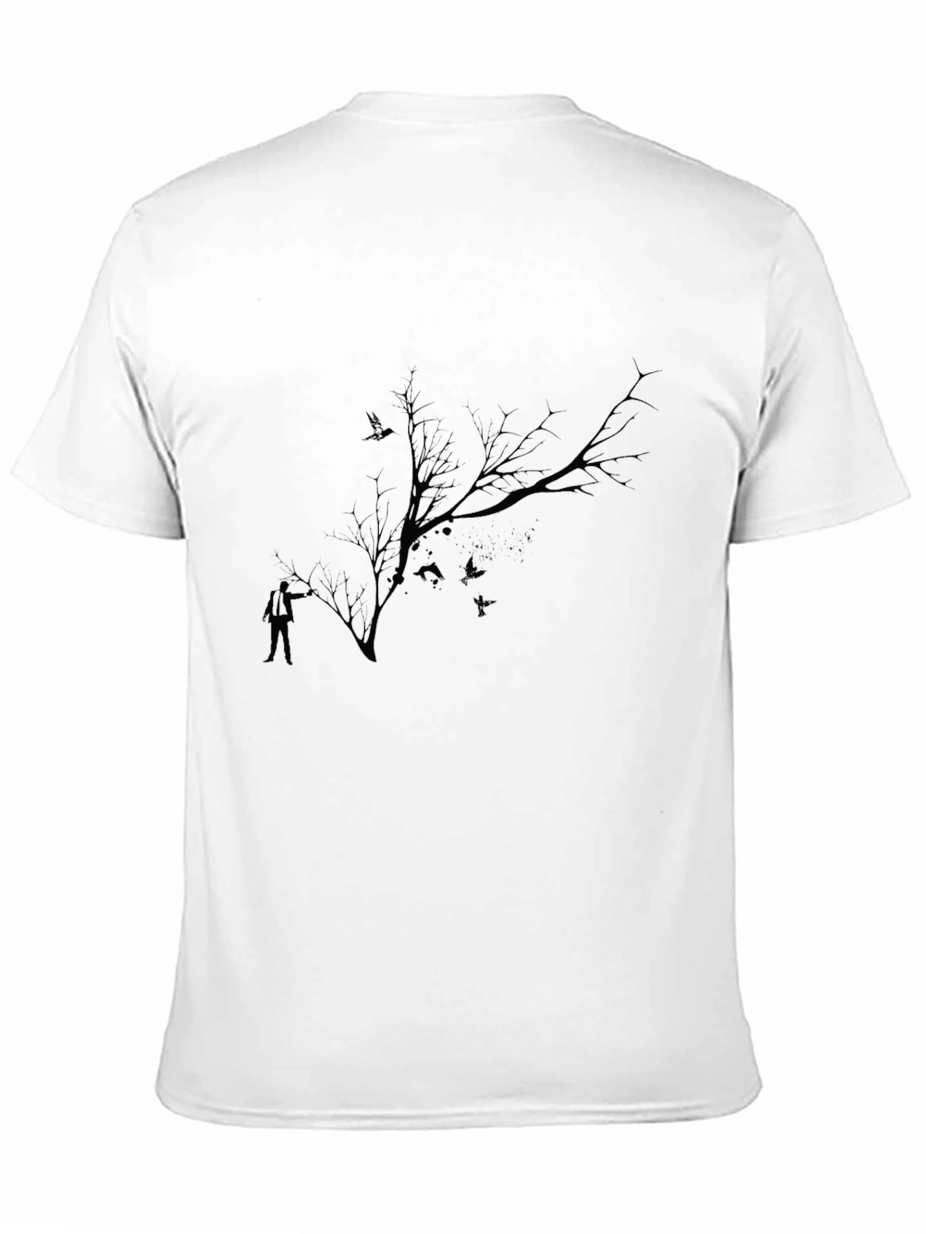 Mens Black T-Shirt with Tree and Birds Graphic Print