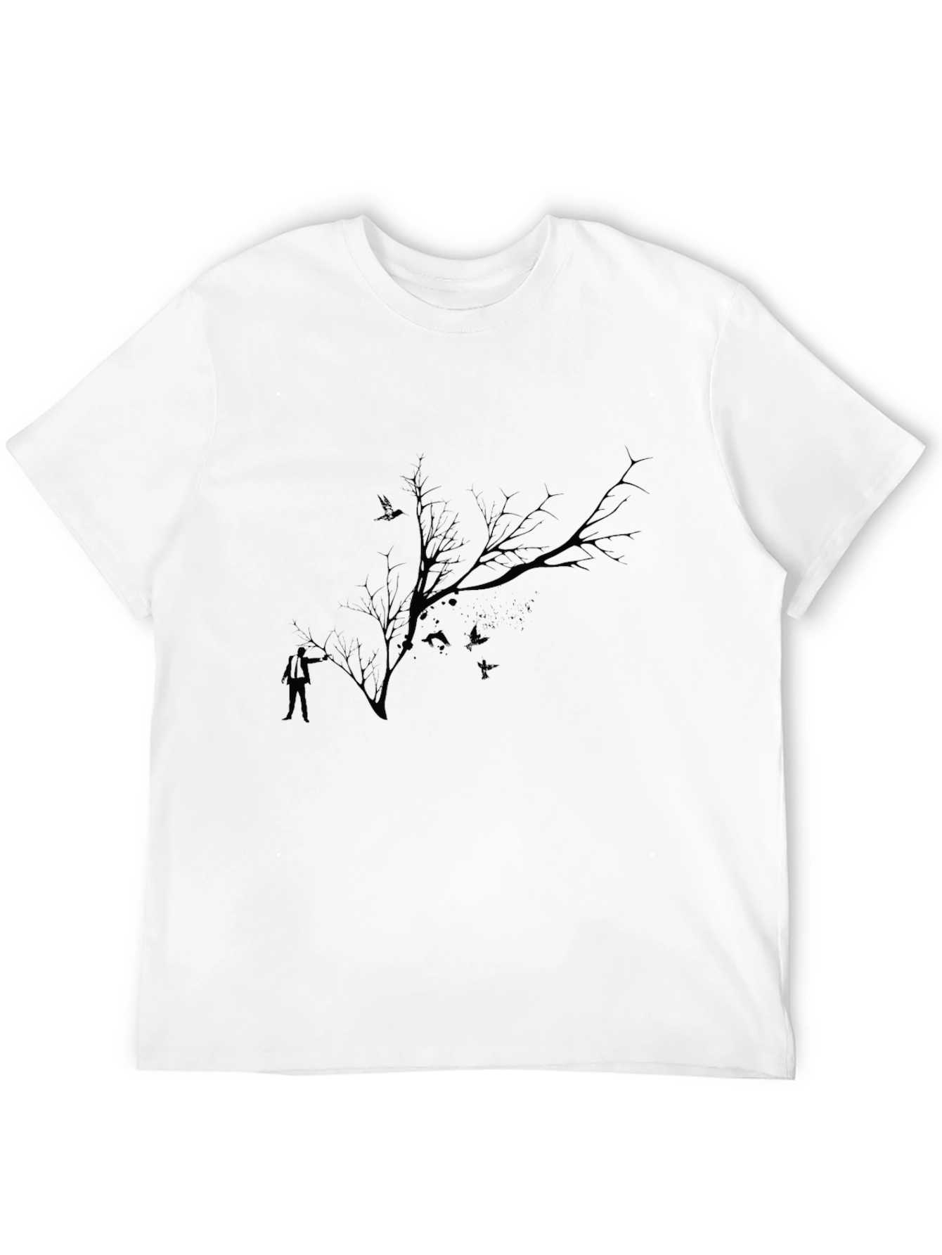Mens Black T-Shirt with Tree and Birds Graphic Print
