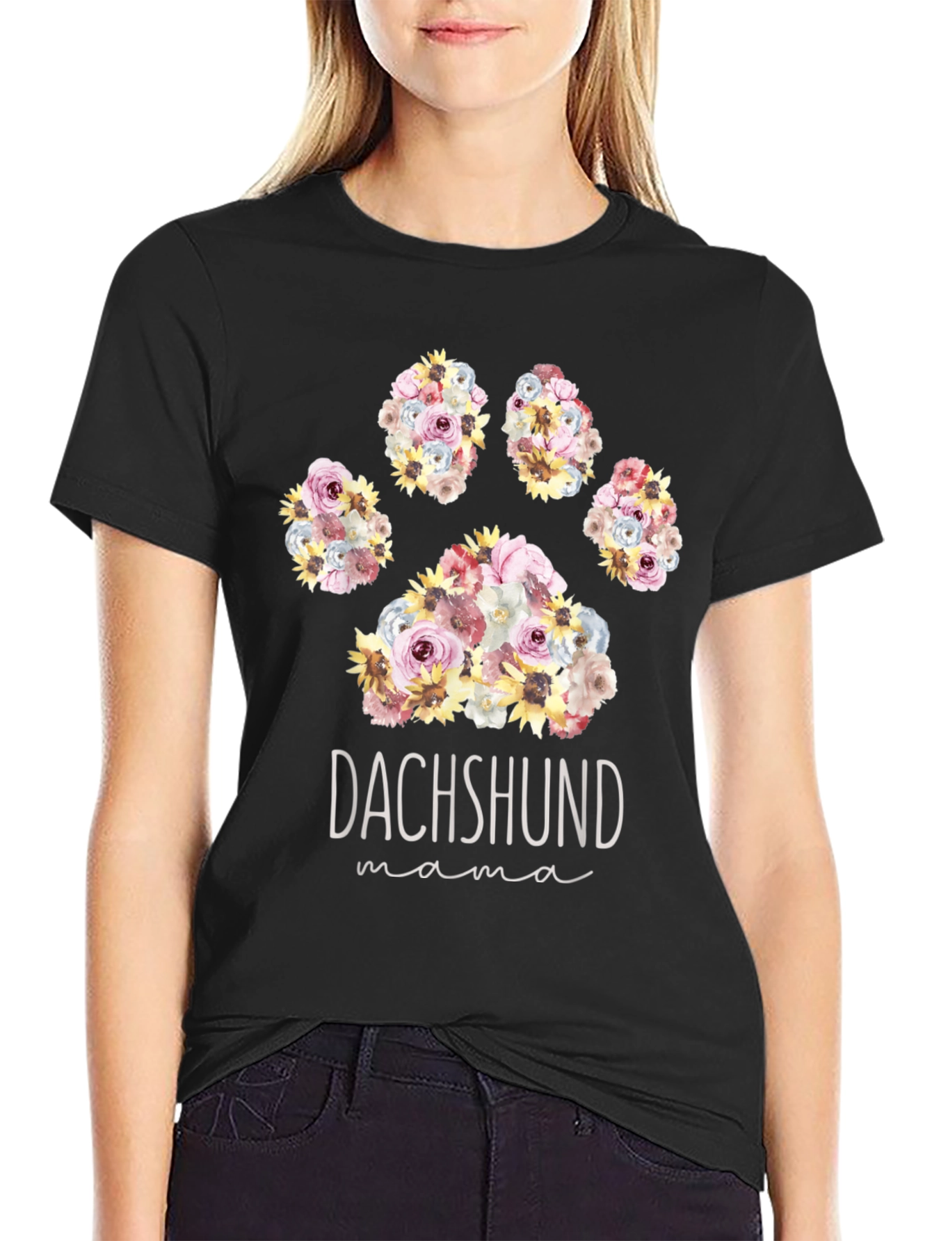 Dachshund Mama Floral Paw Print T-Shirt