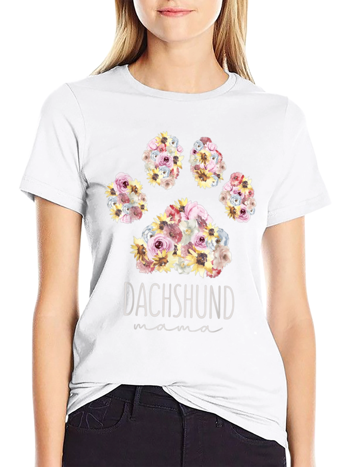 Dachshund Mama Floral Paw Print T-Shirt