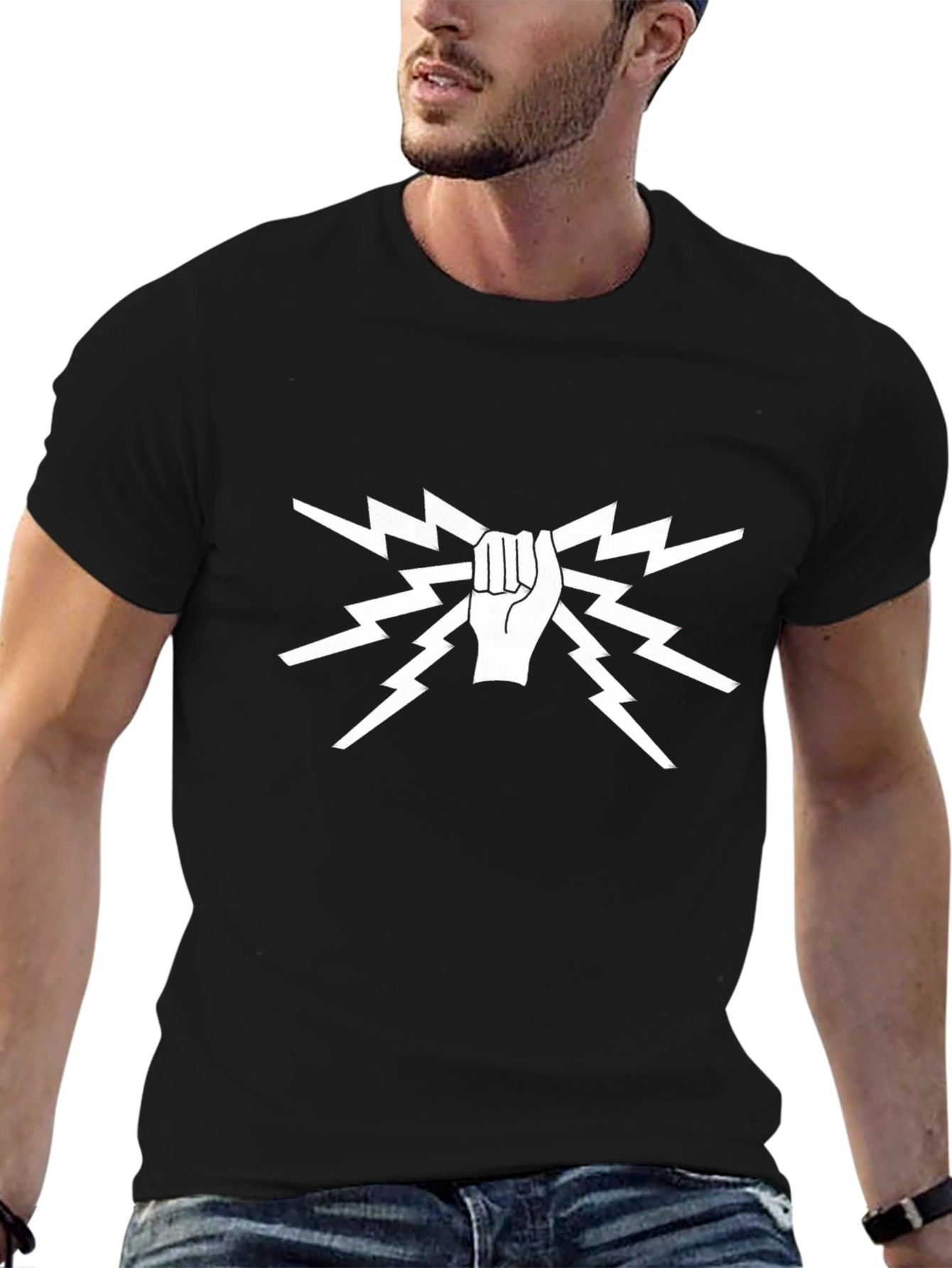 Electrician Hand Lightning Bolt Black Graphic T-Shirt