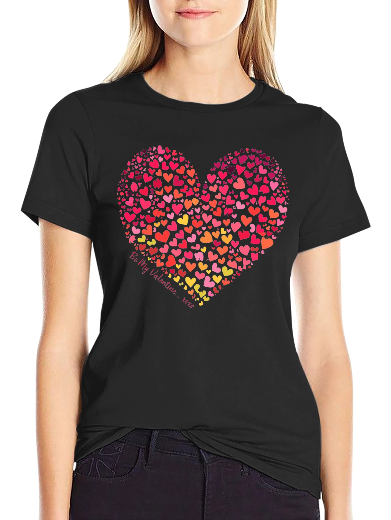 Heart Print Valentines Day Black T-Shirt