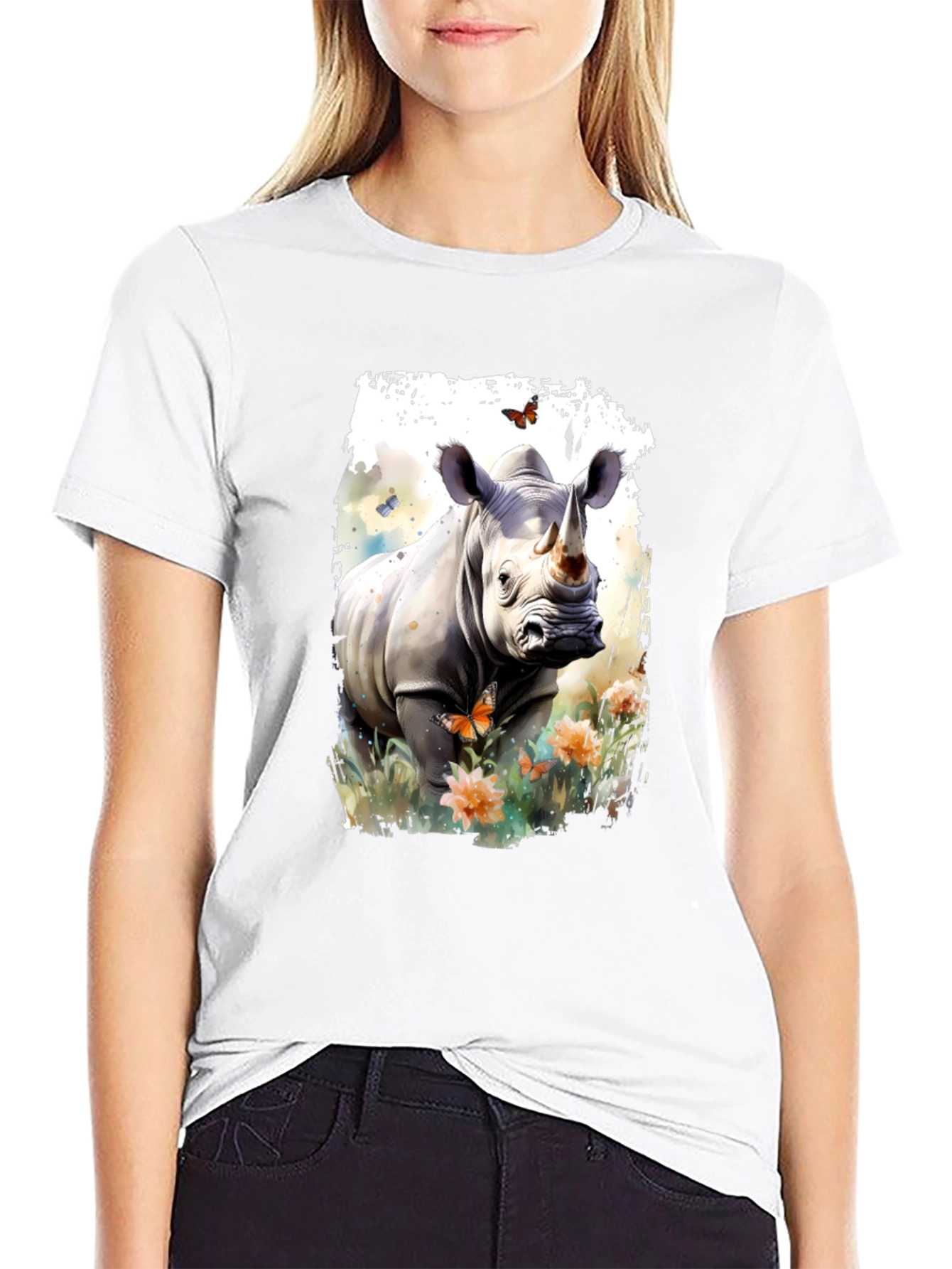 Rhinoceros Floral Graphic Print T-Shirt