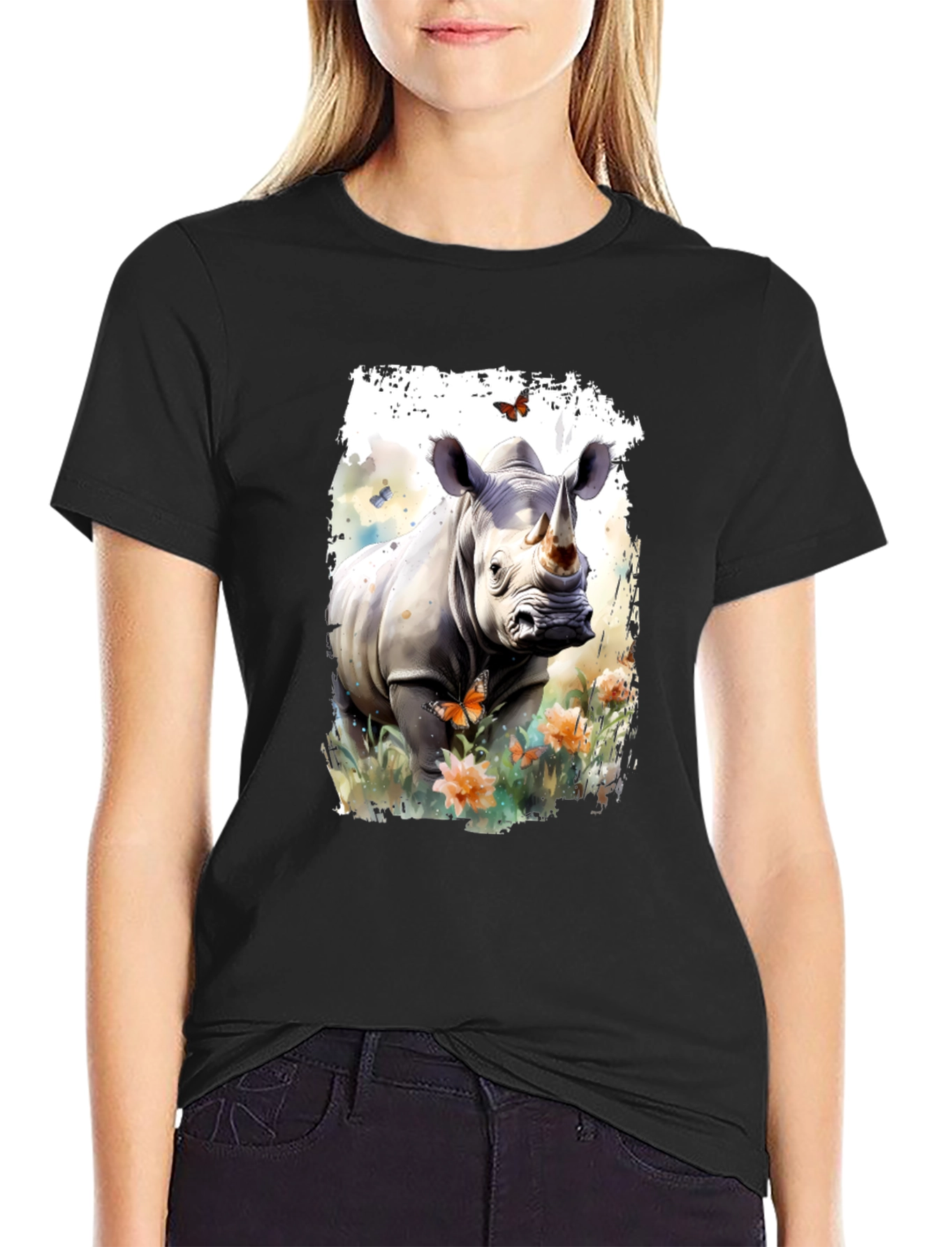 Rhinoceros Floral Graphic Print T-Shirt