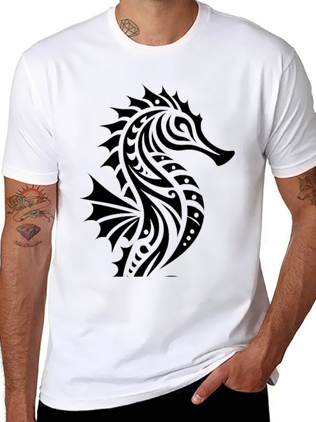 Tribal Seahorse Graphic Print Black T-Shirt