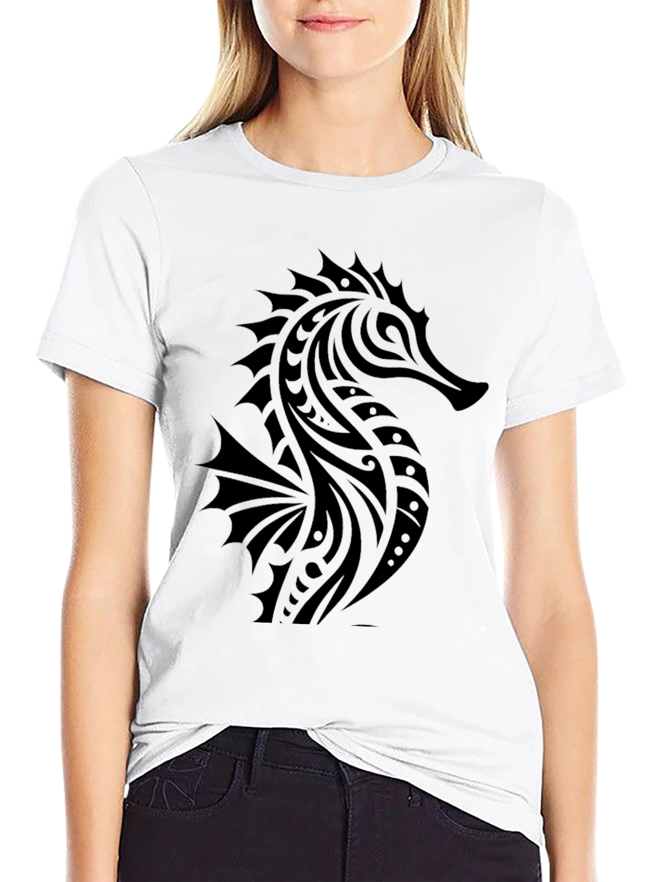 Tribal Seahorse Graphic Print Black T-Shirt