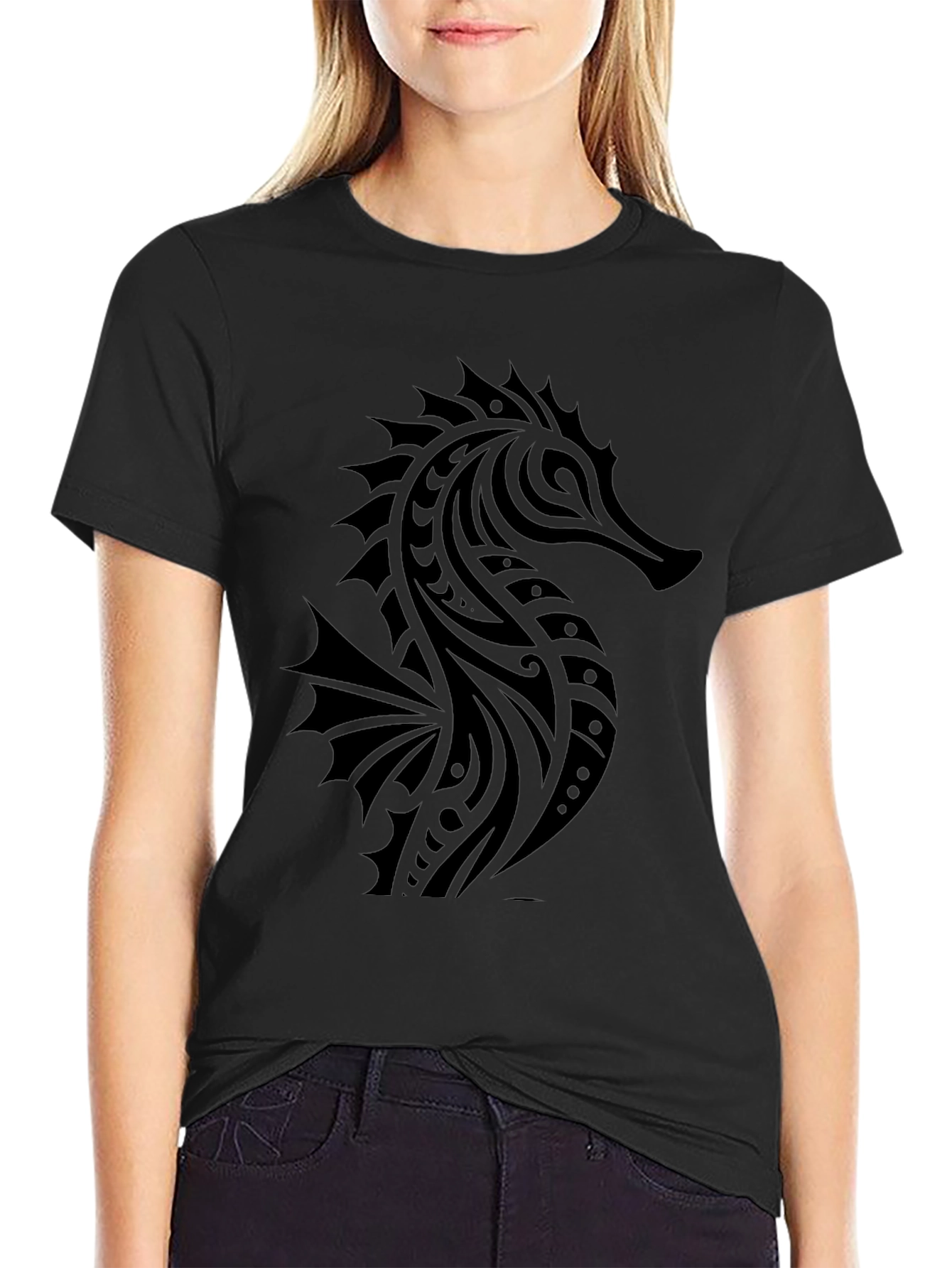 Tribal Seahorse Graphic Print Black T-Shirt