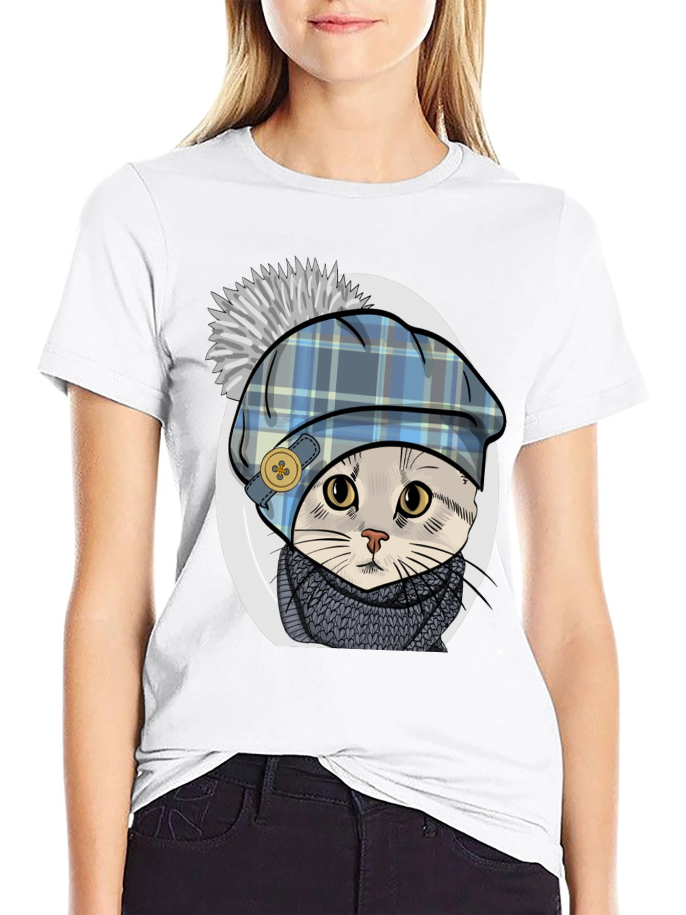 Cat in Tartan Hat T-Shirt - Whimsical Comfort