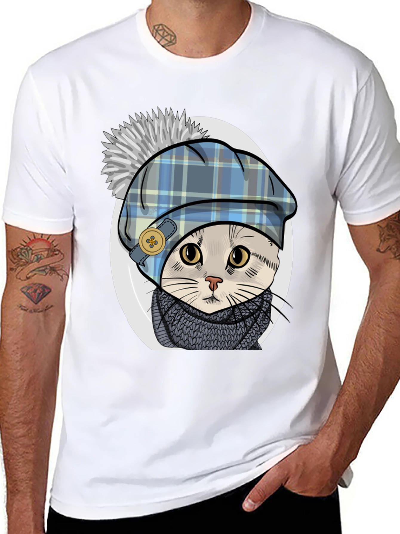 Cat in Tartan Hat T-Shirt - Whimsical Comfort