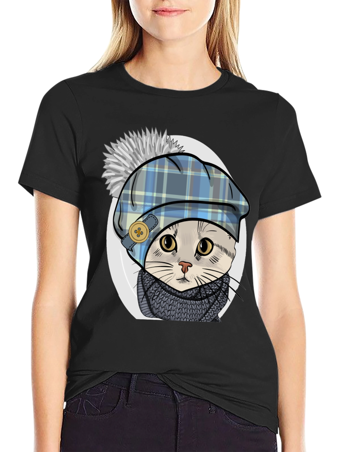 Cat in Tartan Hat T-Shirt - Whimsical Comfort