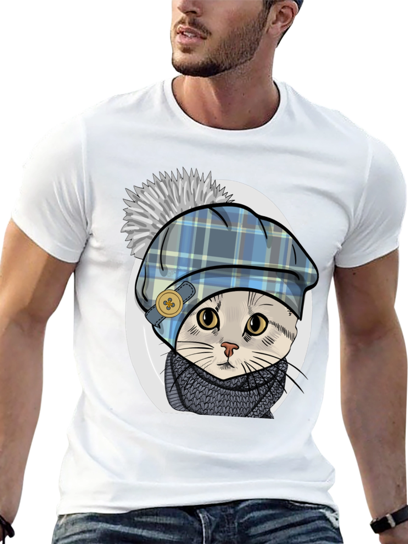 Cat in Tartan Hat T-Shirt - Whimsical Comfort