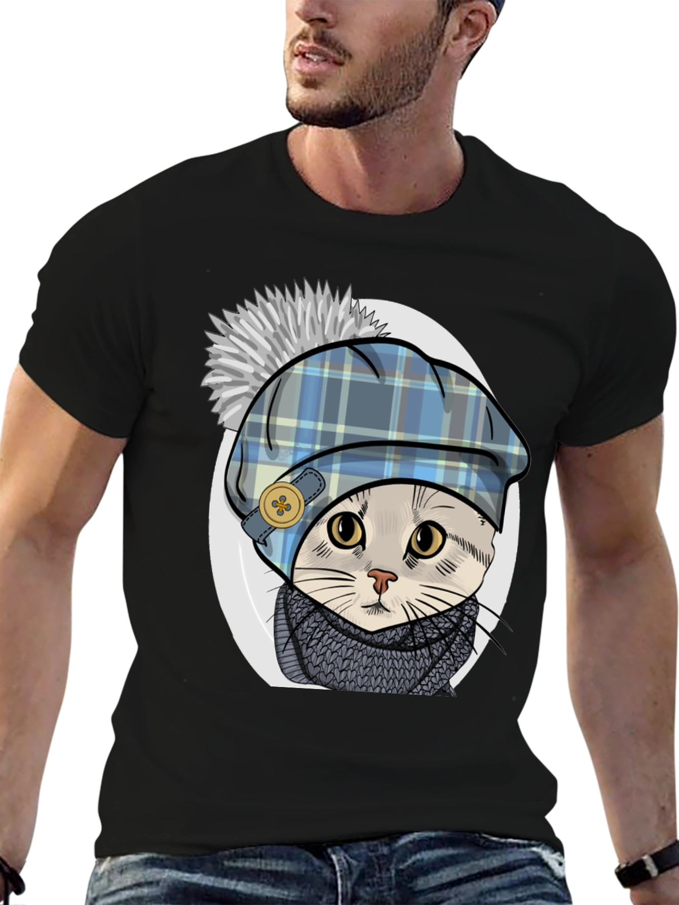 Cat in Tartan Hat T-Shirt - Whimsical Comfort