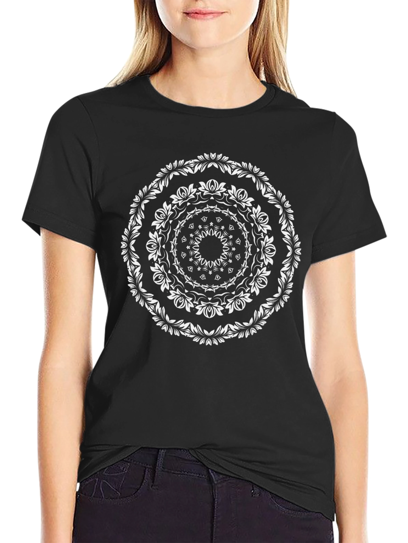 Floral Mandala Graphic Tee - Black Cotton