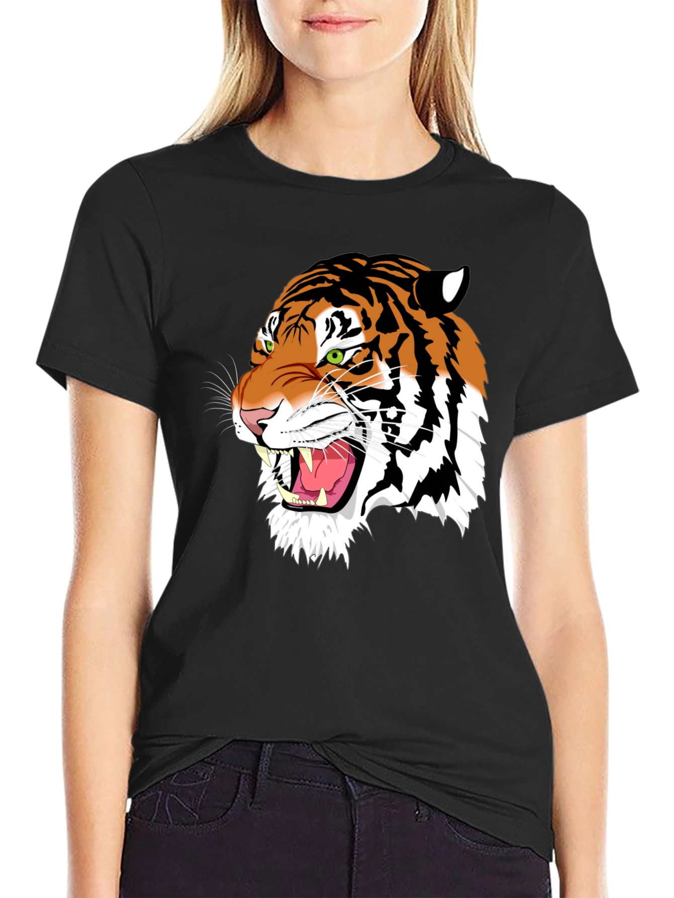 Bold Tiger Graphic Tee - Black Cotton T-Shirt