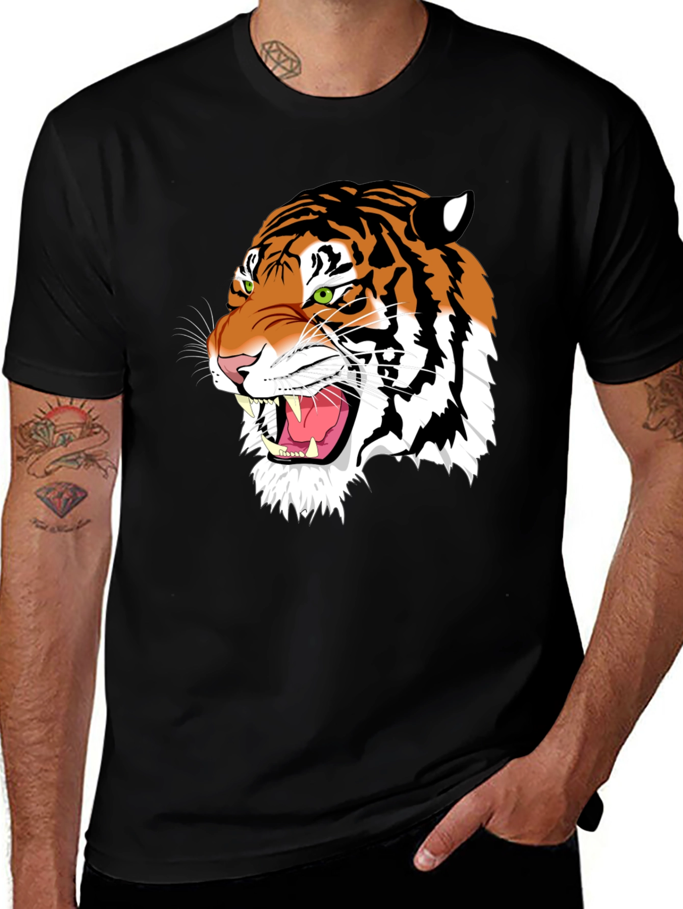 Bold Tiger Graphic Tee - Black Cotton T-Shirt