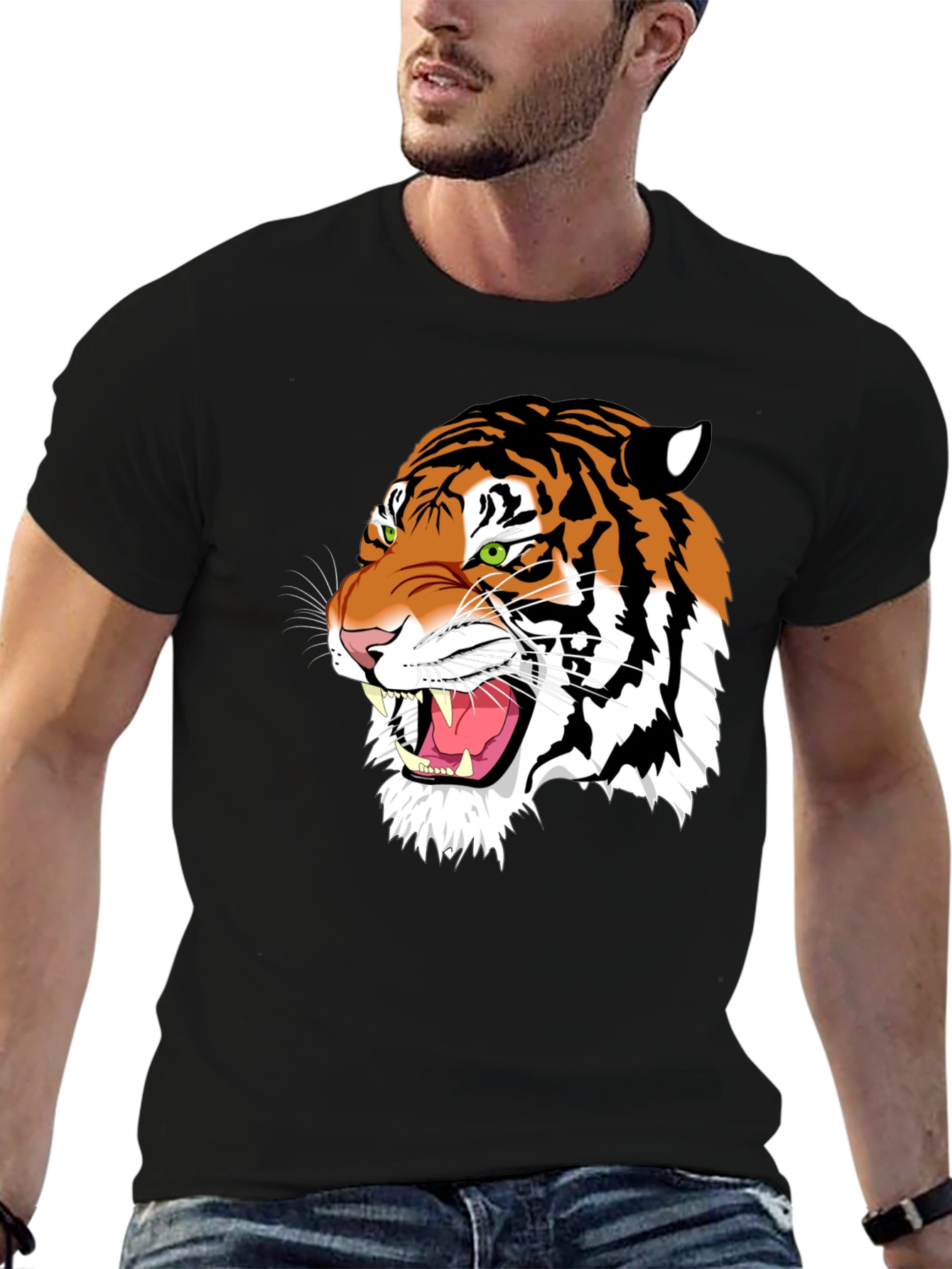 Bold Tiger Graphic Tee - Black Cotton T-Shirt