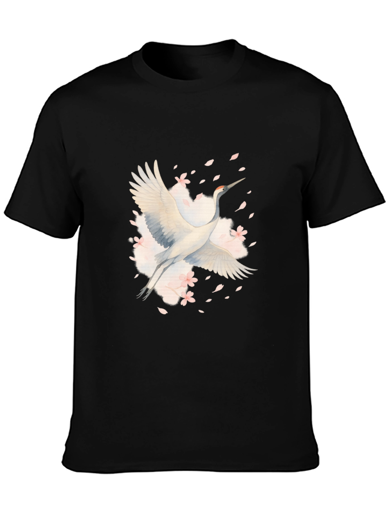 Crane and Blossoms Graphic Black T-Shirt