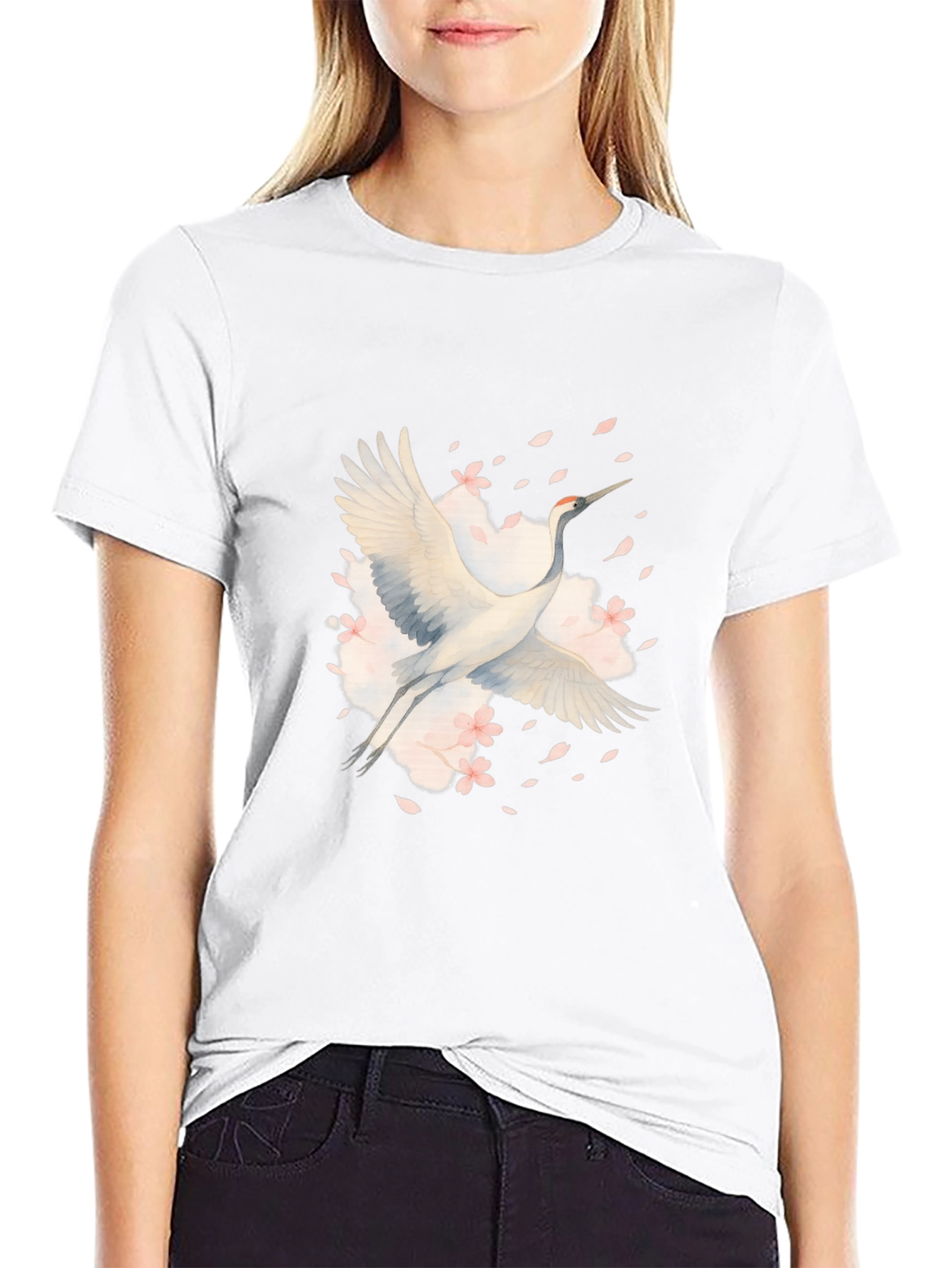 Crane and Blossoms Graphic Black T-Shirt