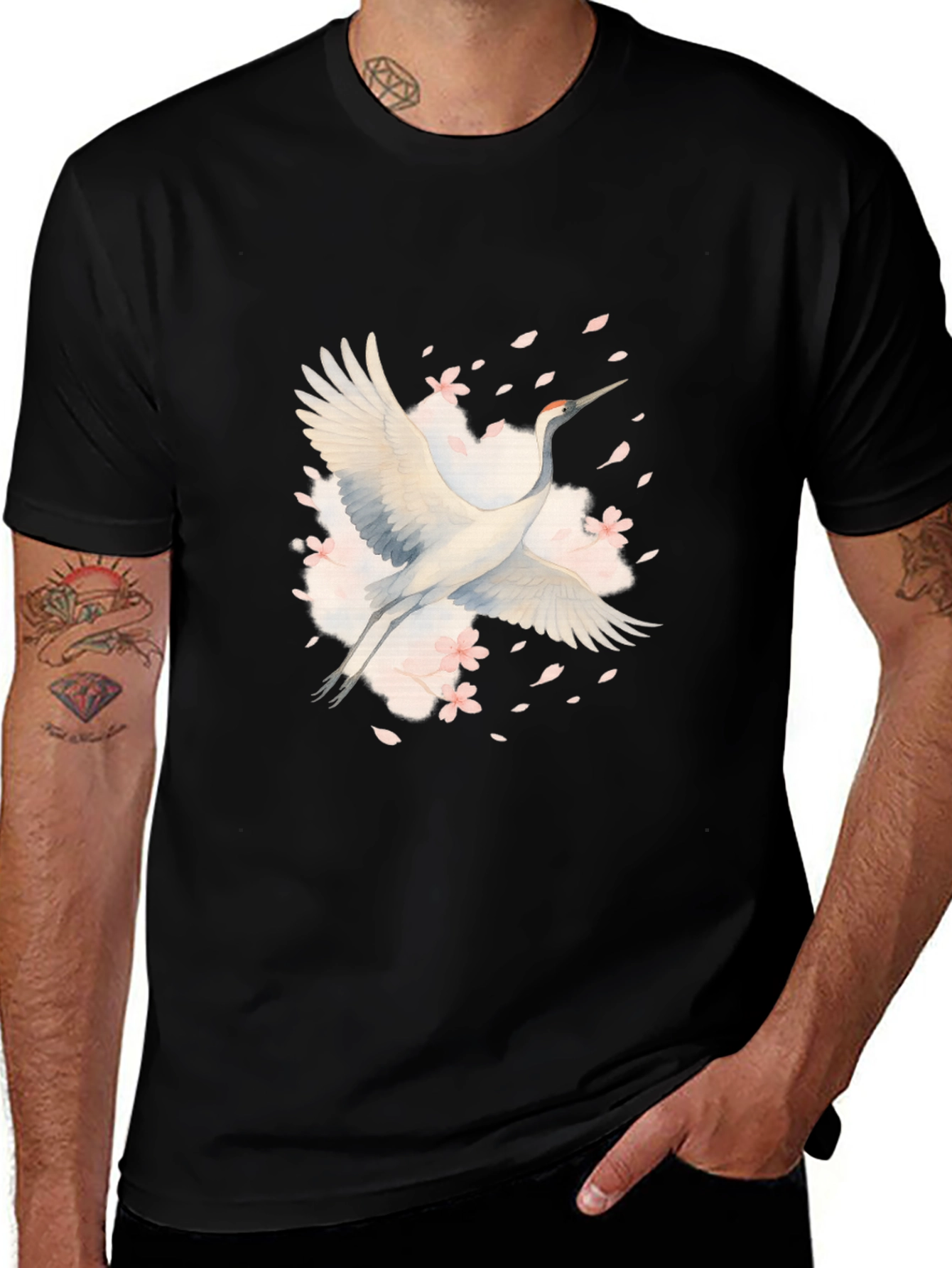 Crane and Blossoms Graphic Black T-Shirt