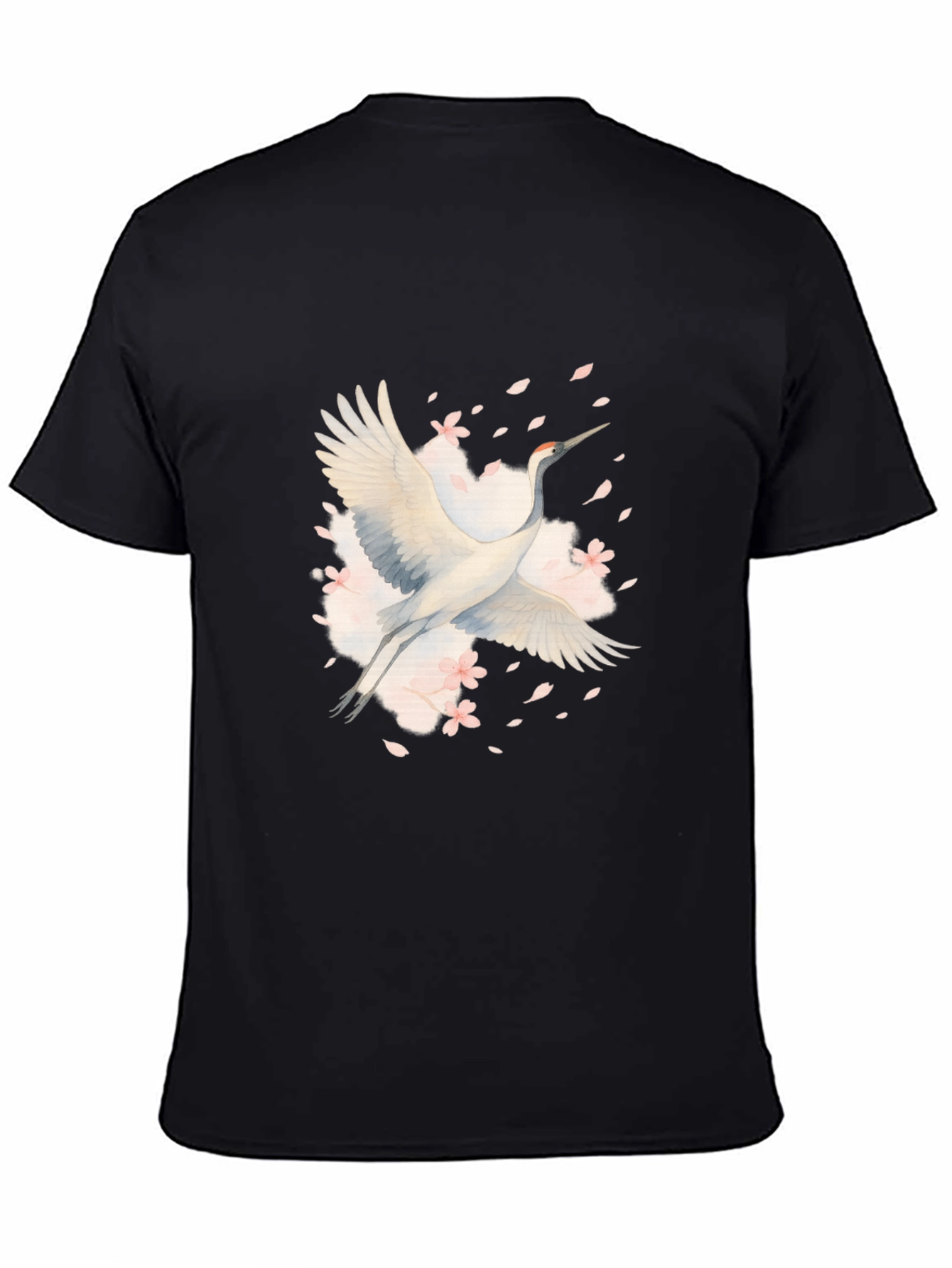 Crane and Blossoms Graphic Black T-Shirt