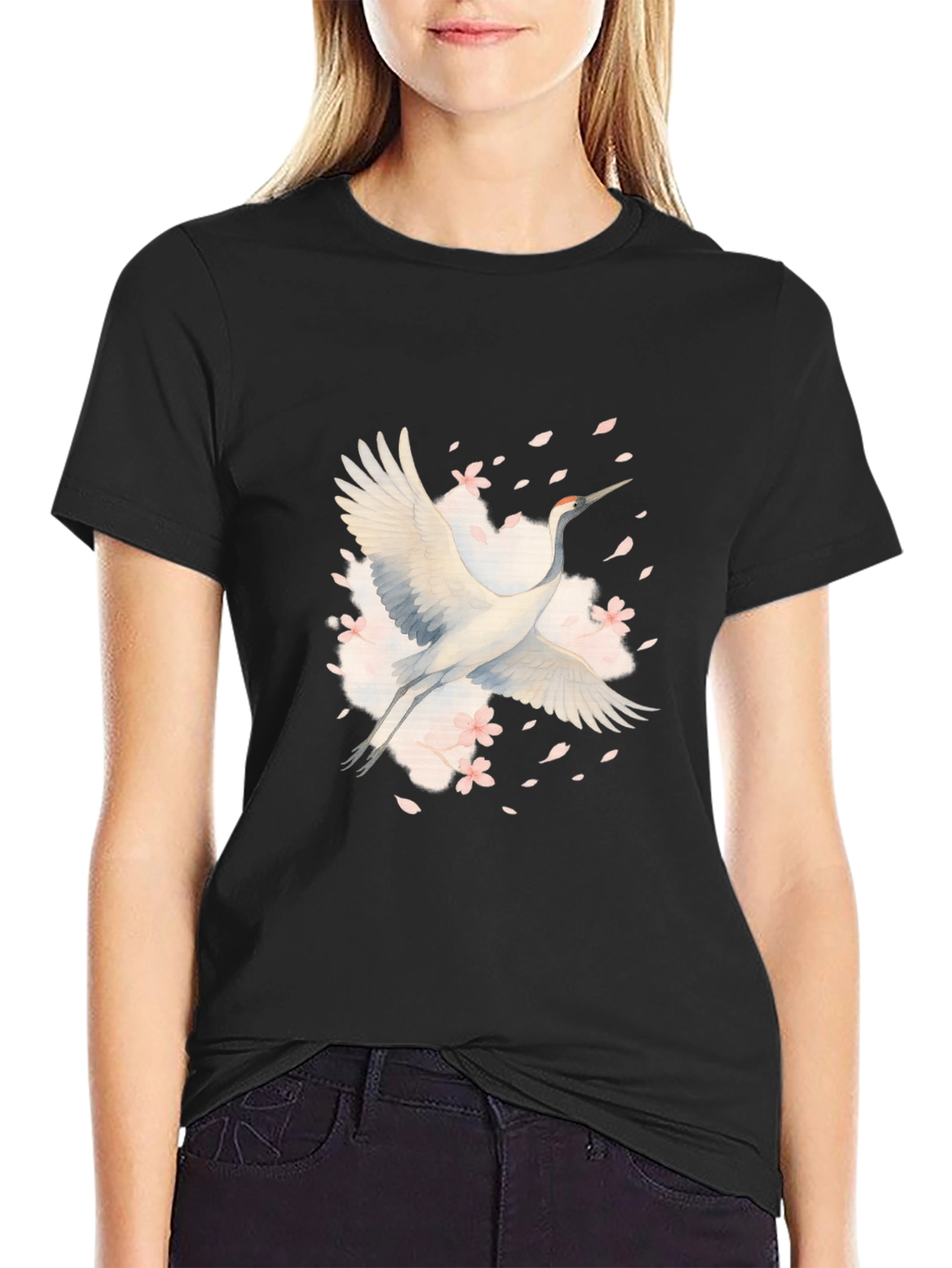 Crane and Blossoms Graphic Black T-Shirt