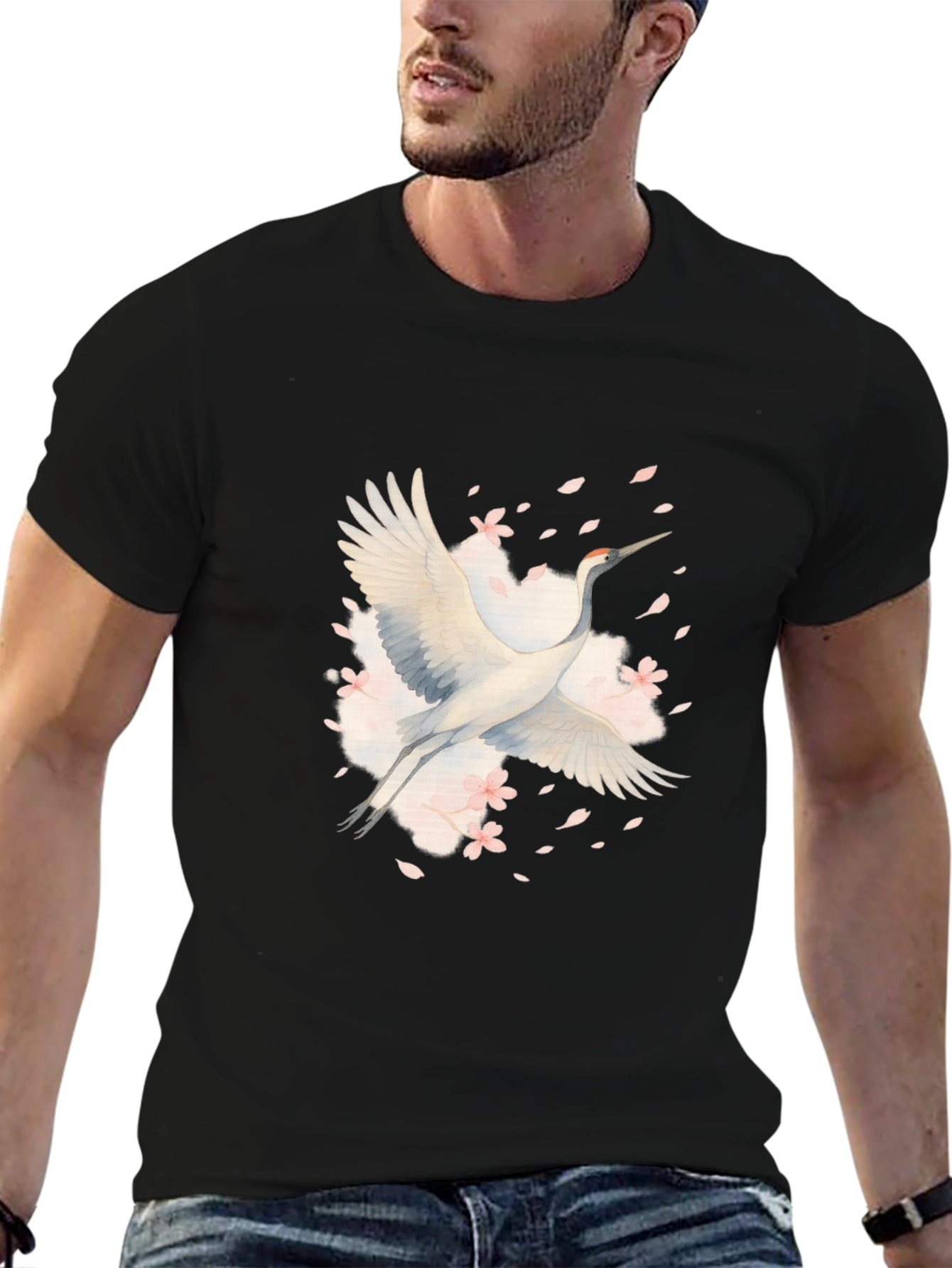 Crane and Blossoms Graphic Black T-Shirt